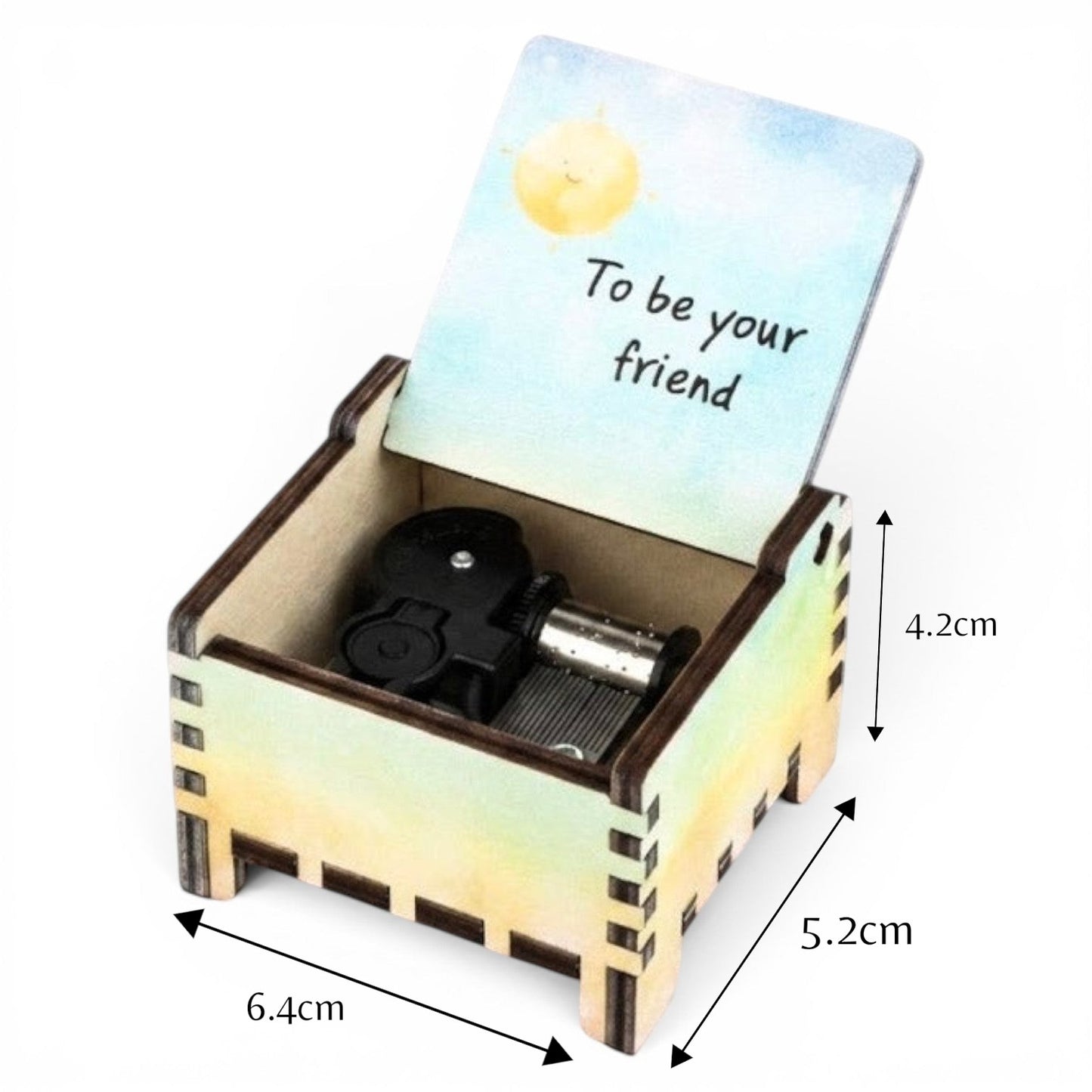 Enchanted Music Boxes rainbow plywood wind-up music box with custom engraved lid text and internal metal mechanism.