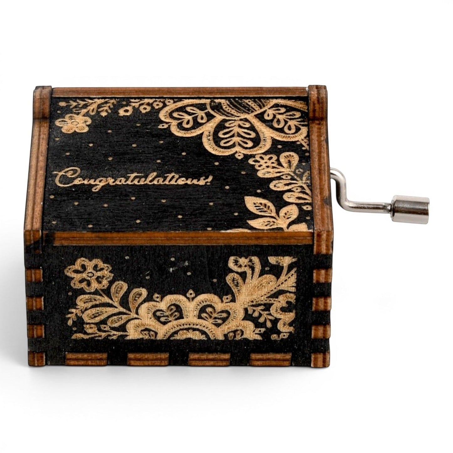 Enchanted Music Boxes hand-crank music box in black plywood with intricate gold folk art floral laser engravings.