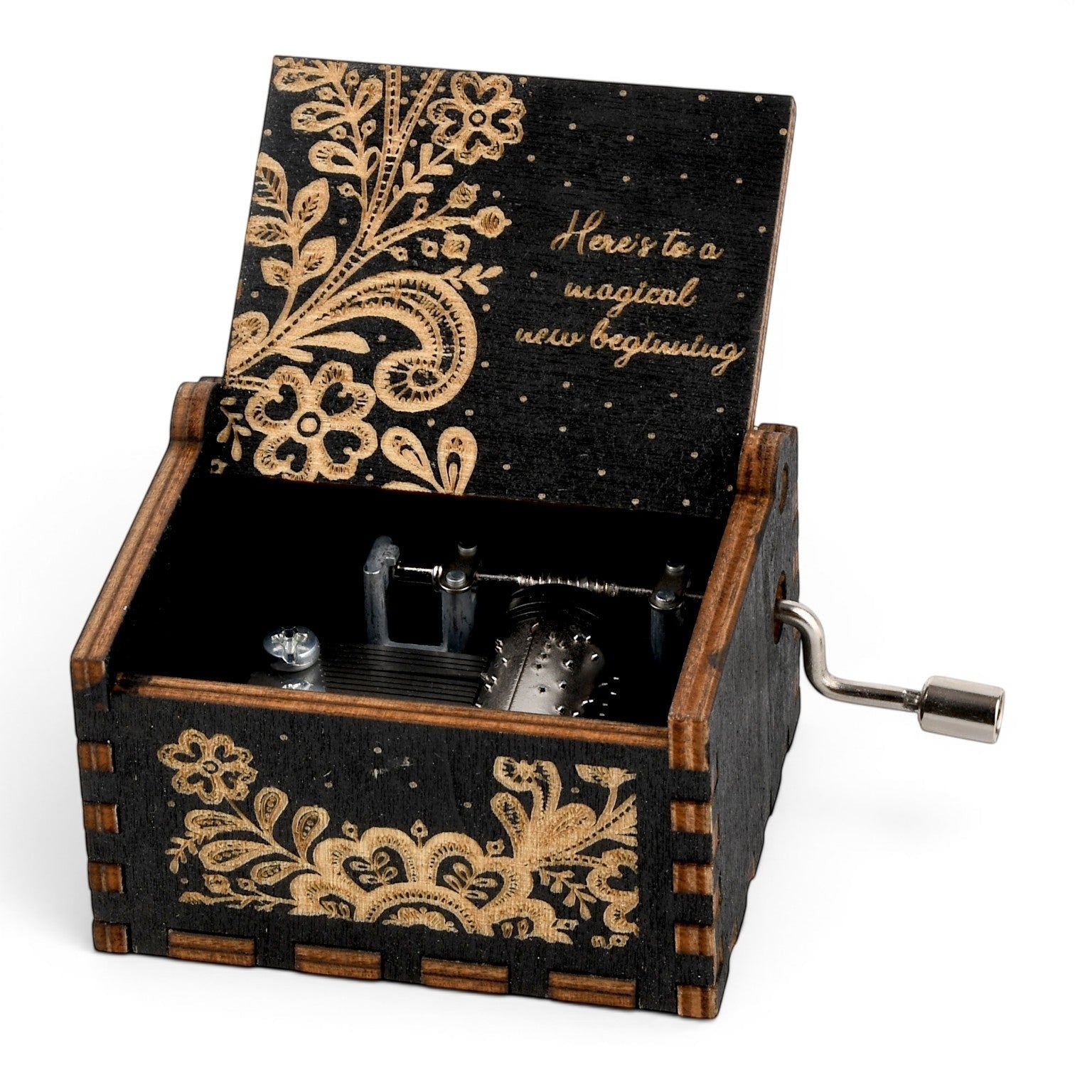 Enchanted Music Boxes hand-crank music box in black plywood with intricate gold folk art floral engravings