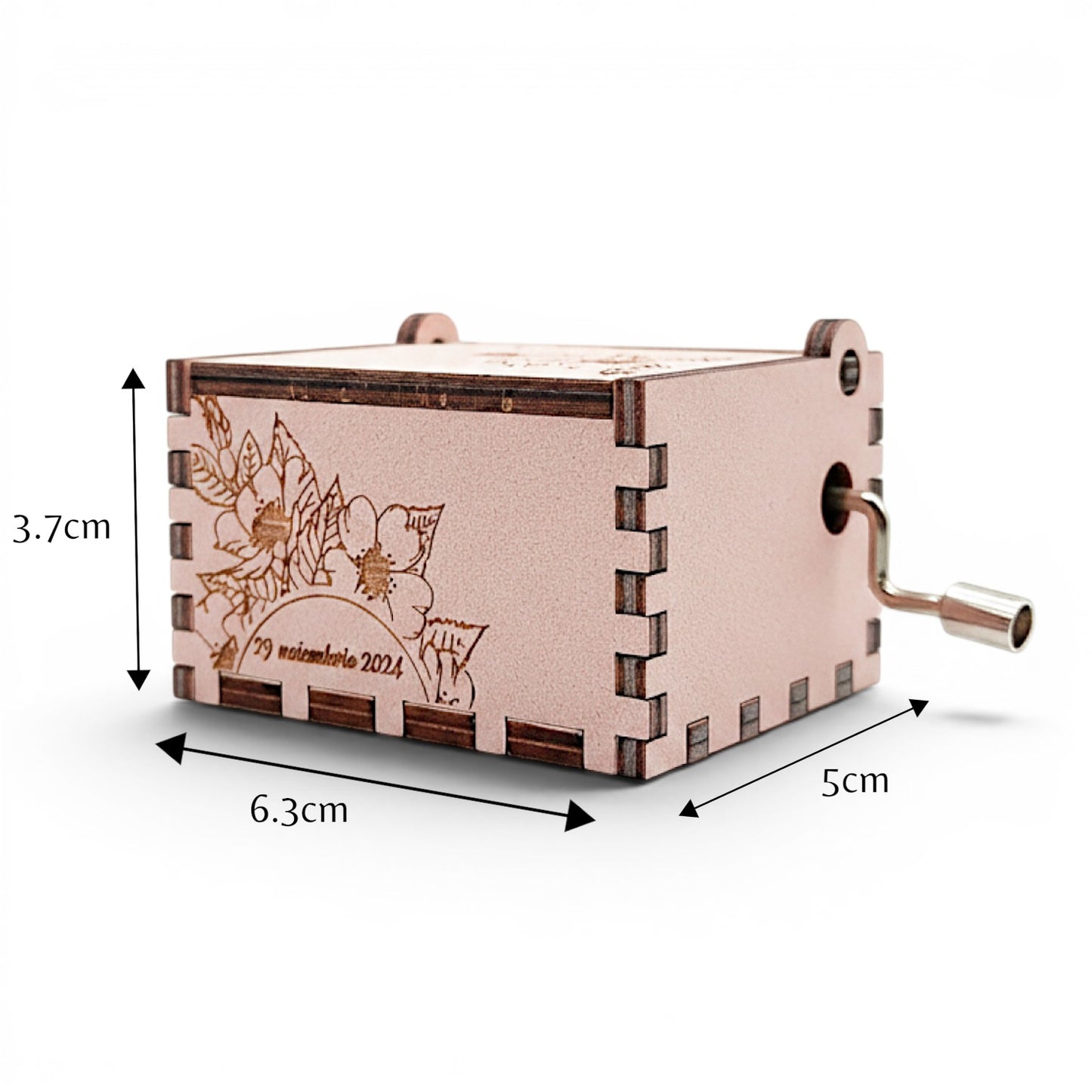 Enchanted Music Boxes cherry blossom plywood hand-crank music box with custom floral engraving and metal handle.