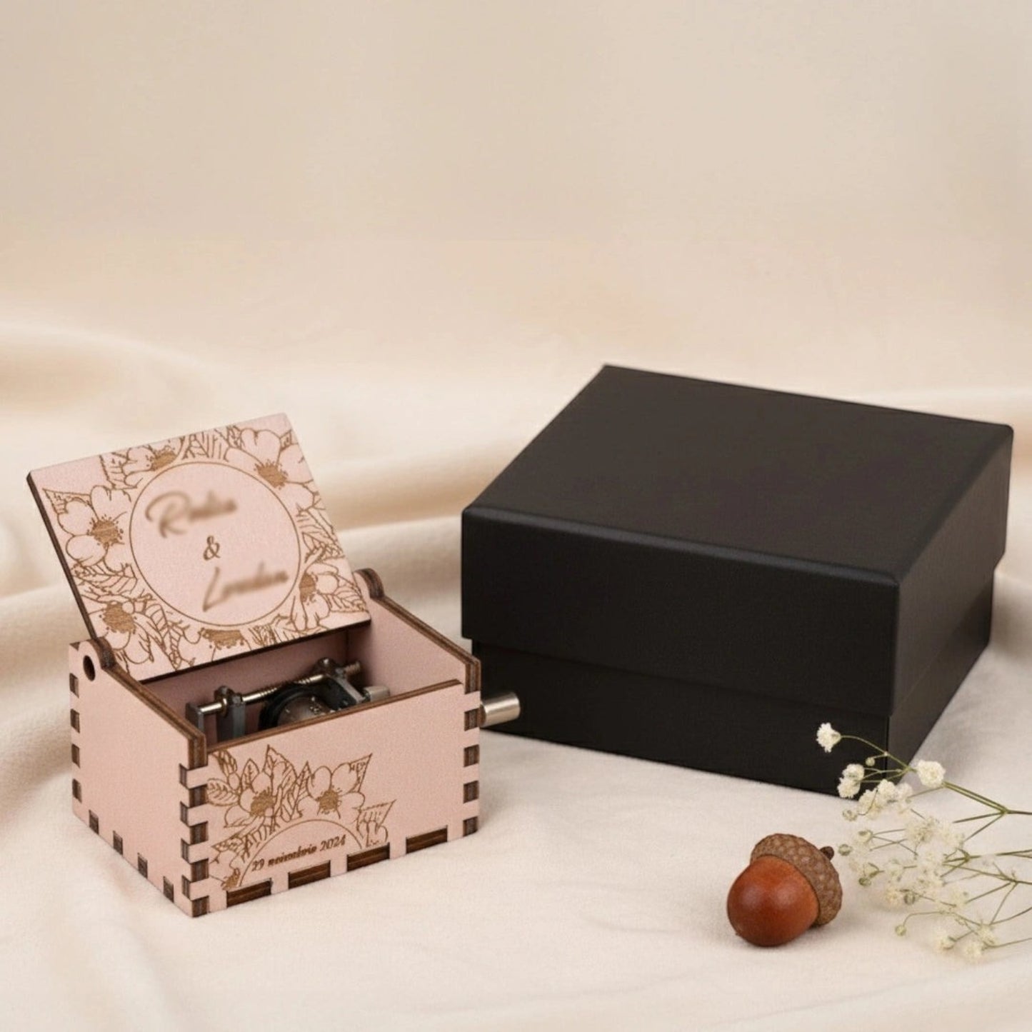 Enchanted Music Boxes cherry blossom plywood hand-crank music box with custom floral engraving and black gift box