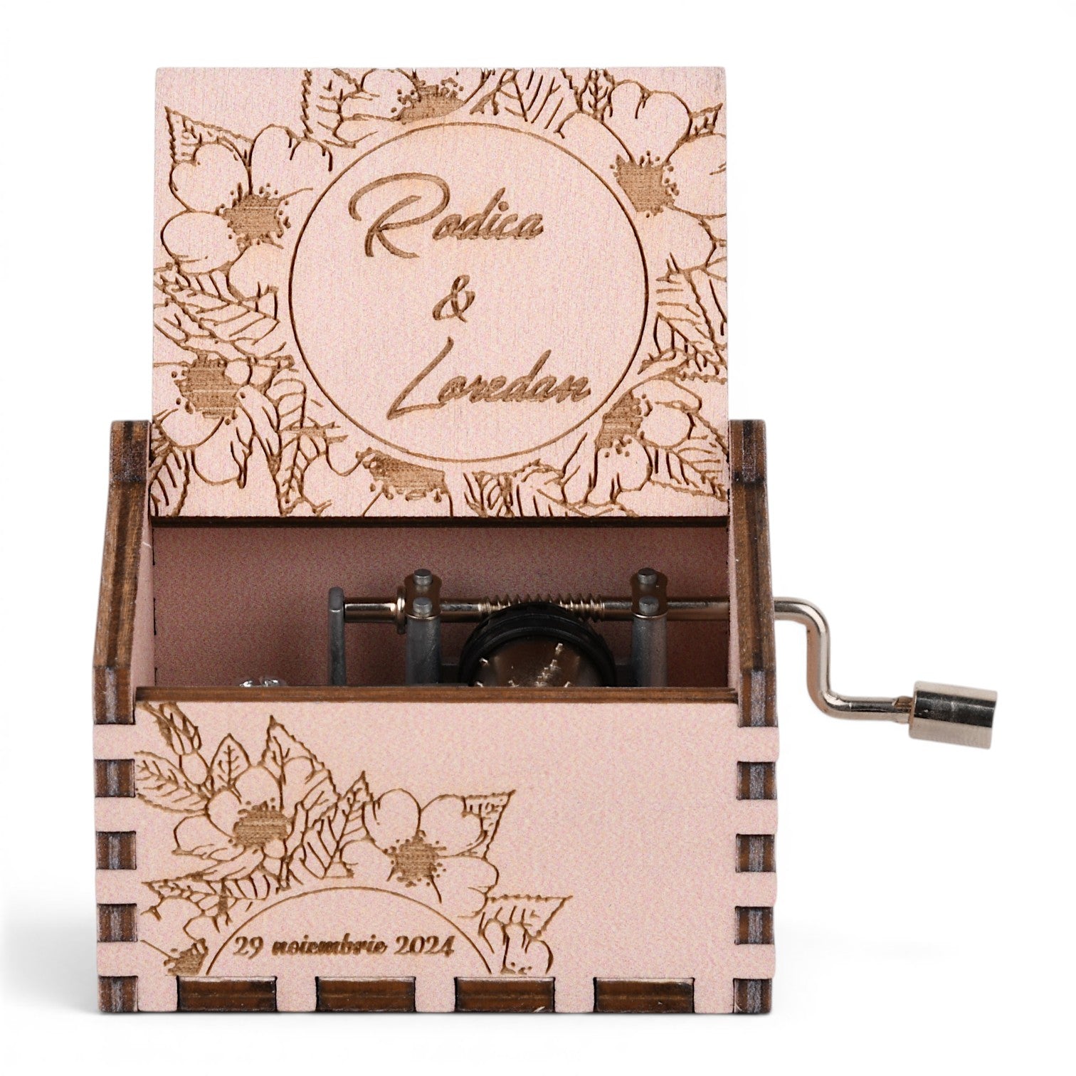 Enchanted Music Boxes cherry blossom plywood hand-crank music box with custom floral engraving and metal mechanism