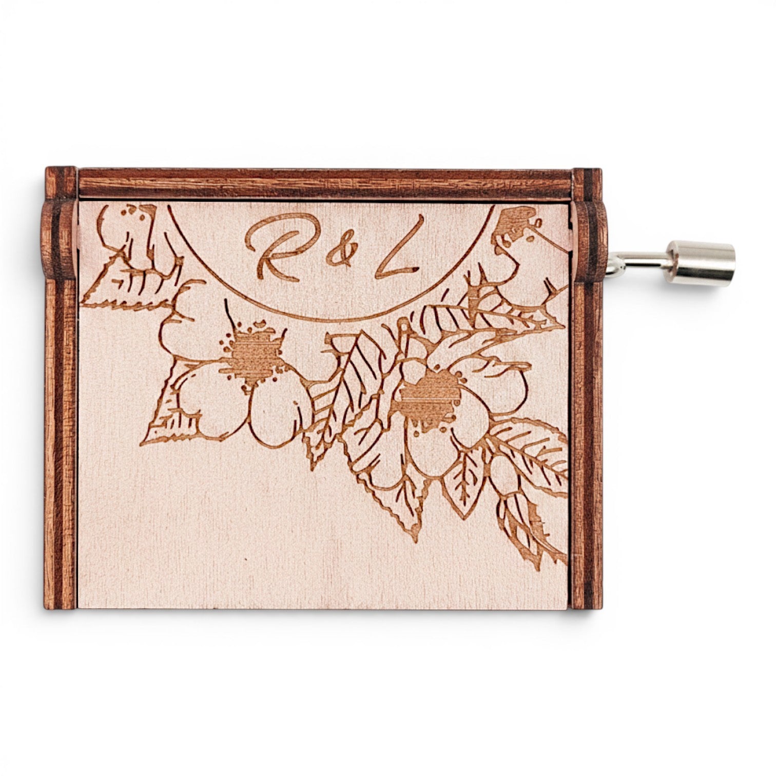 Enchanted Music Boxes cherry blossoms hand-crank music box in plywood with custom R&L engraving and wild rose border.