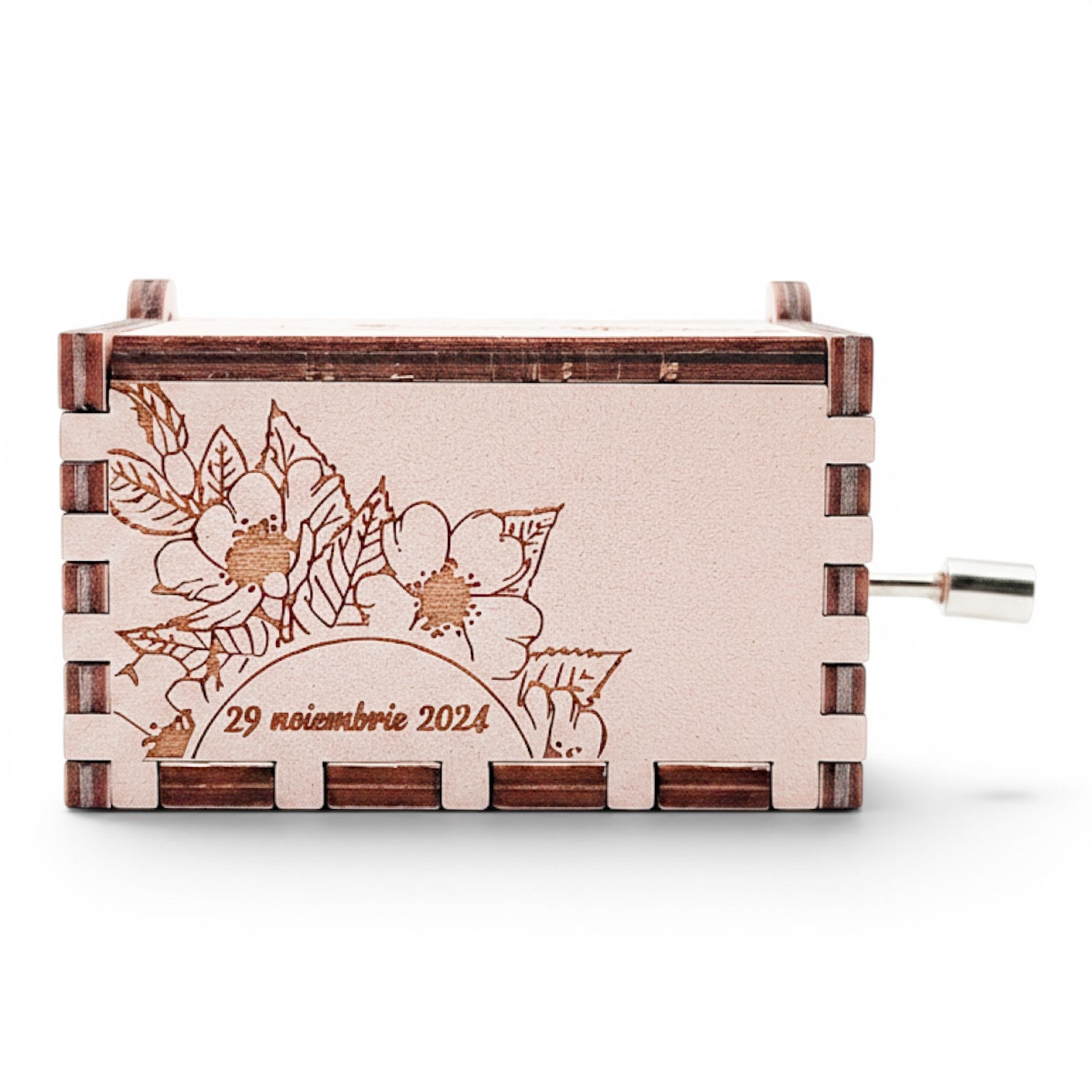 Enchanted Music Boxes cherry blossoms plywood hand-crank music box with custom floral engraving and date on side panel