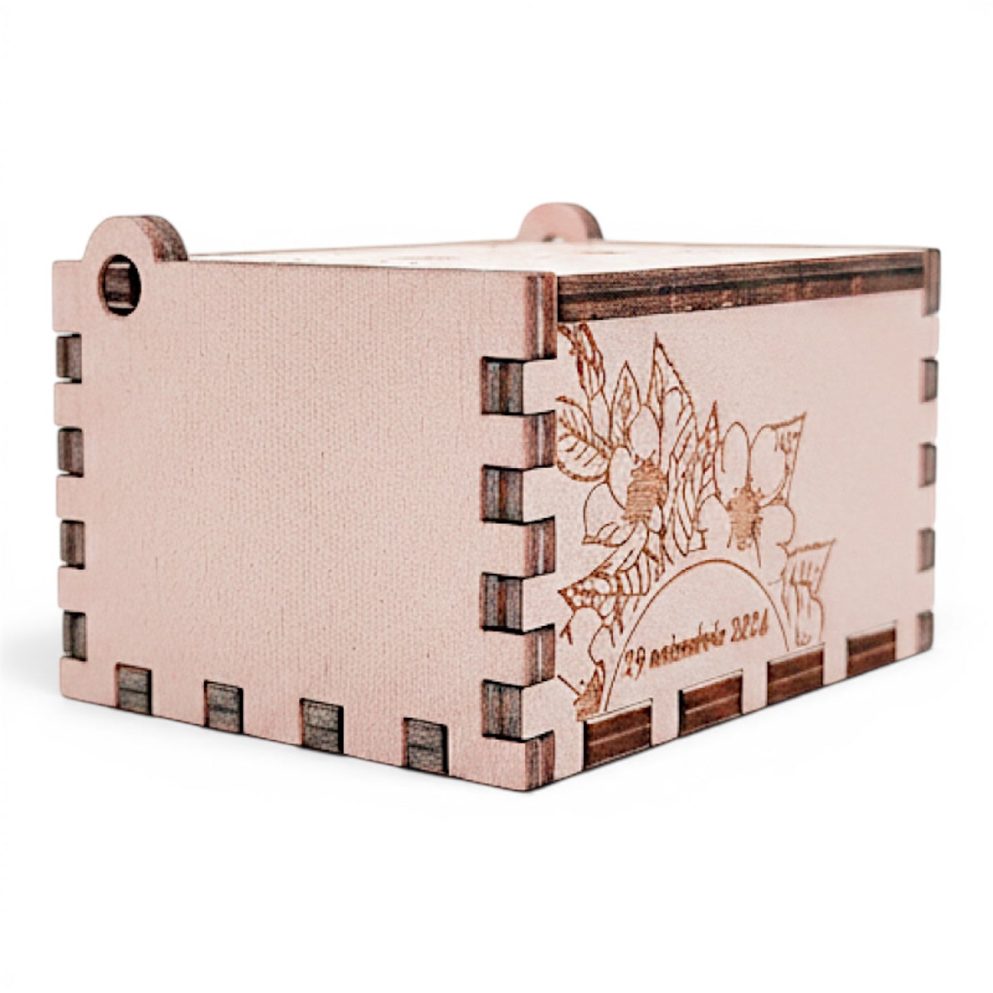Enchanted Music Boxes cherry blossoms plywood hand-crank music box with custom floral engraving and date on side panel