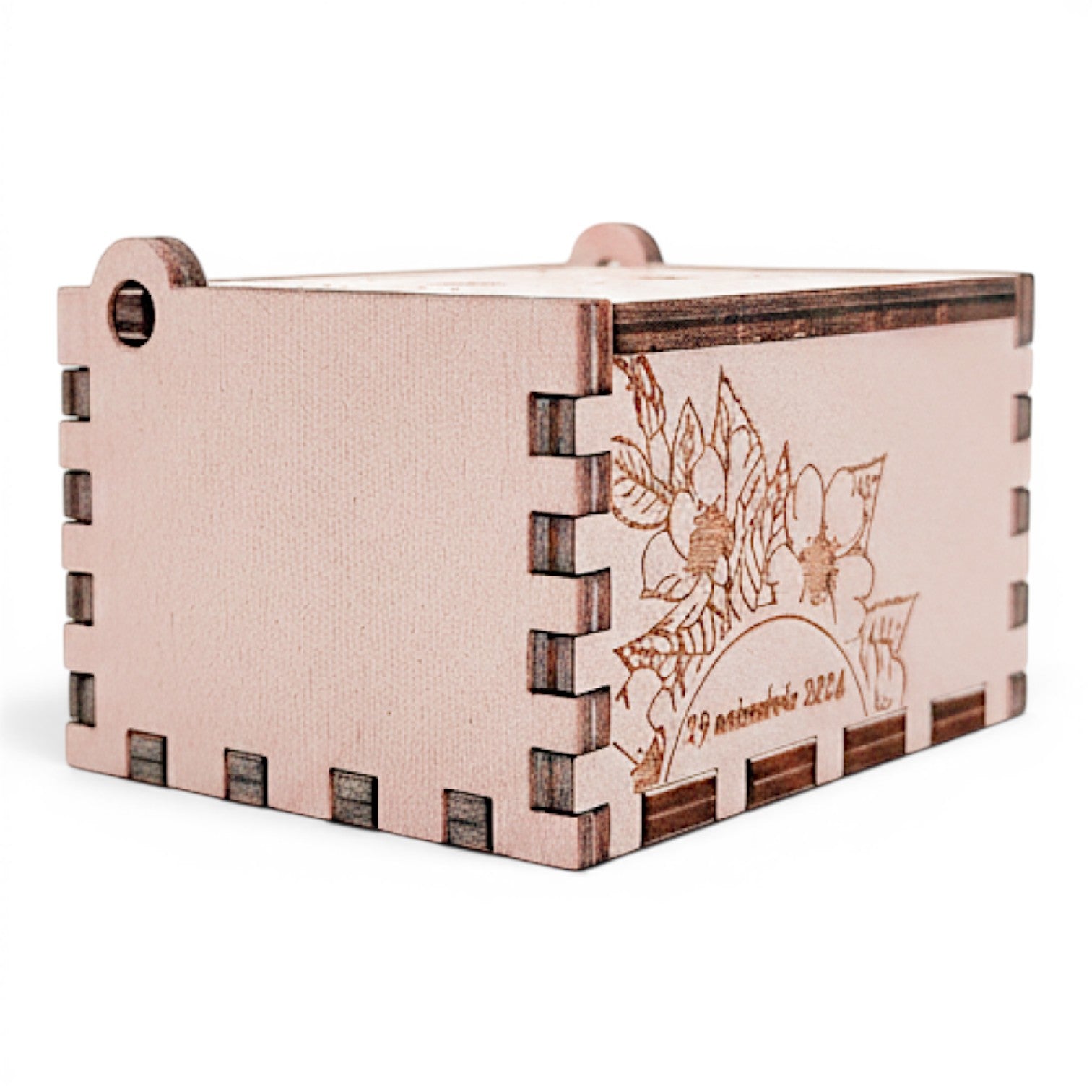Enchanted Music Boxes cherry blossoms plywood hand-crank music box with custom floral engraving and date on side panel