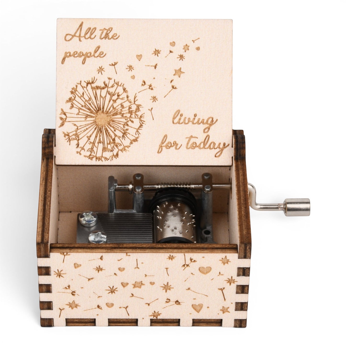 Enchanted Music Boxes plywood hand-crank music box with dandelion, heart, and star engravings and lid inscription.
