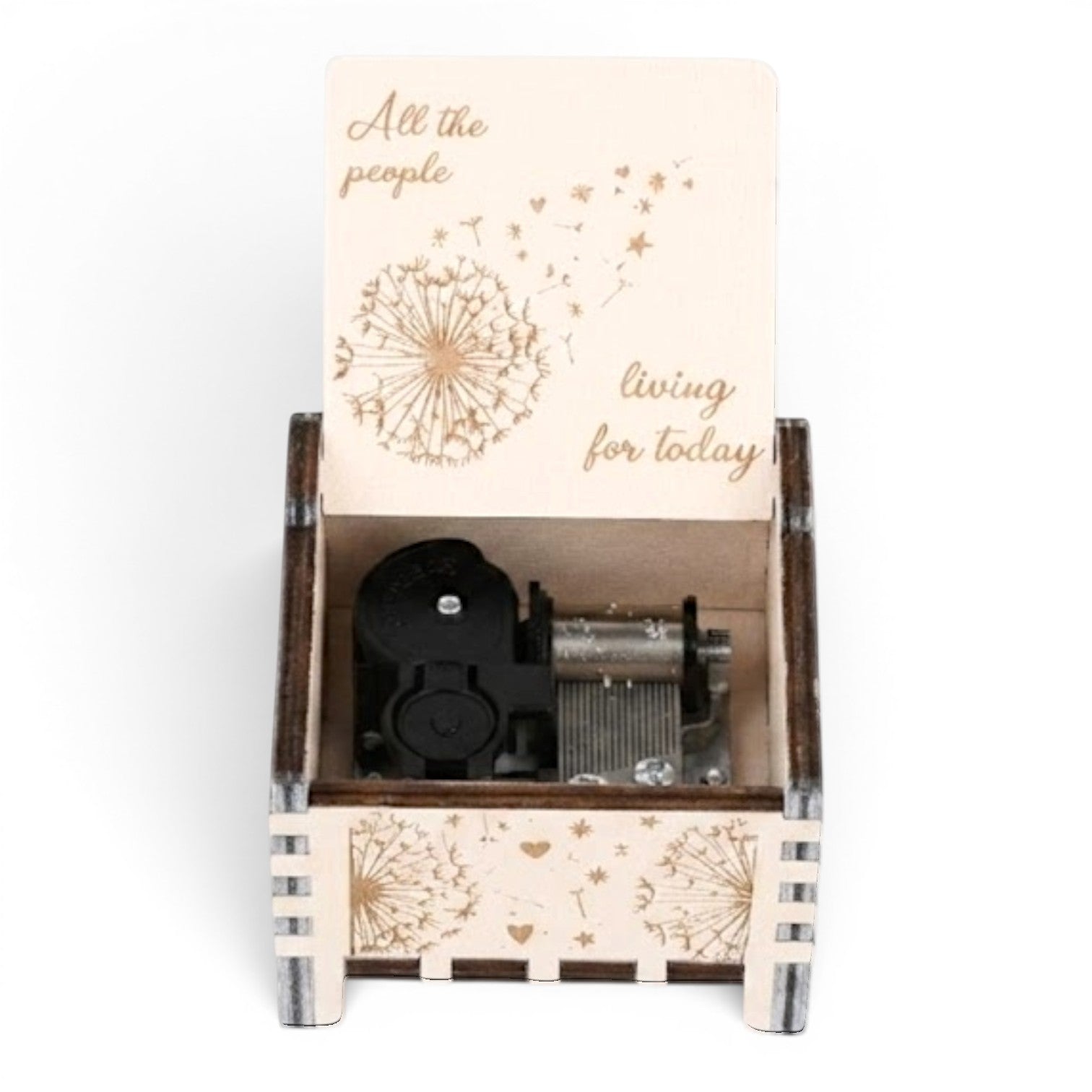 Enchanted Music Boxes plywood wind-up music box featuring laser-engraved dandelion seeds, hearts, and stars on the lid.