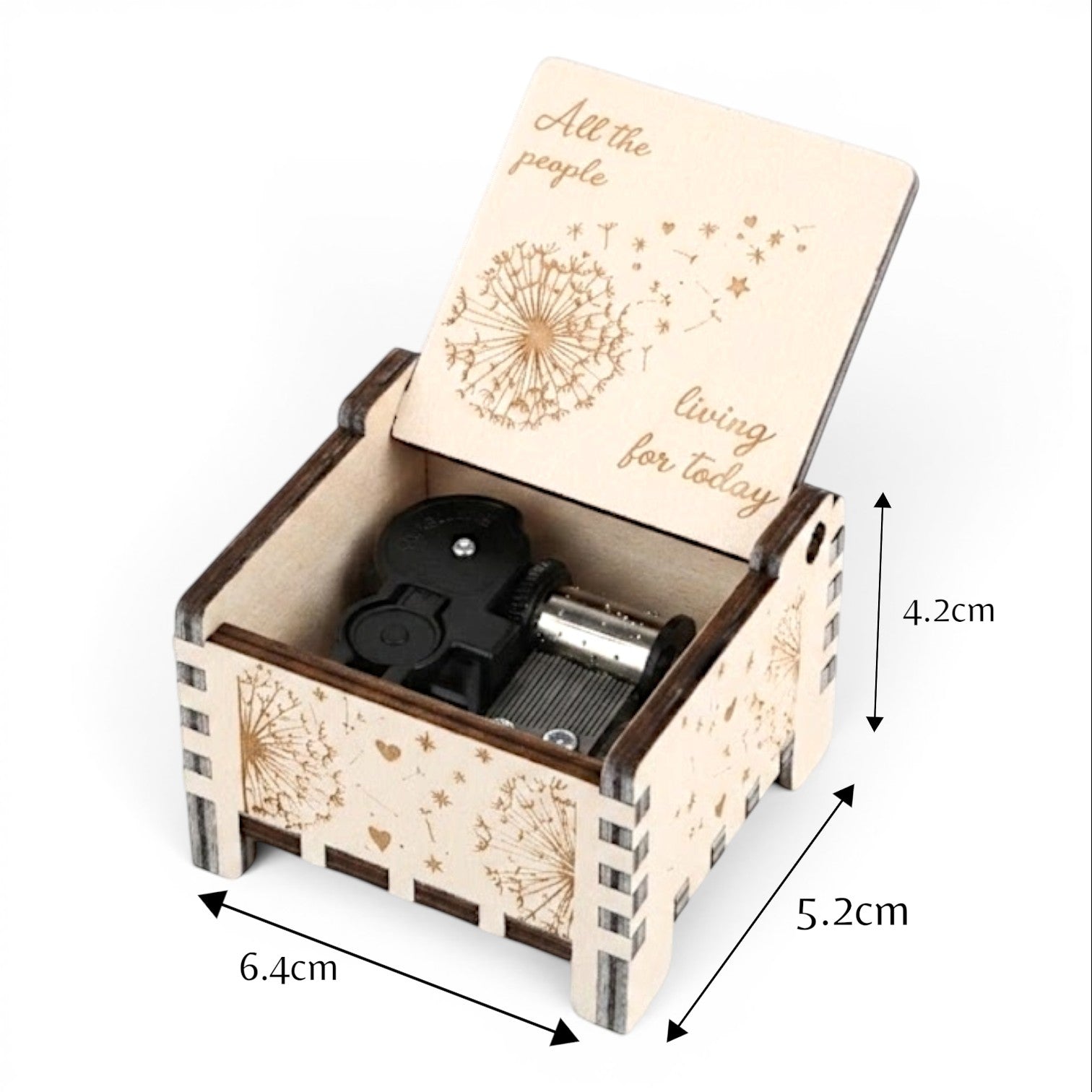 Measurements of Enchanted Music Boxes plywood wind-up music box featuring laser-engraved dandelion seeds, hearts, and stars on the lid.