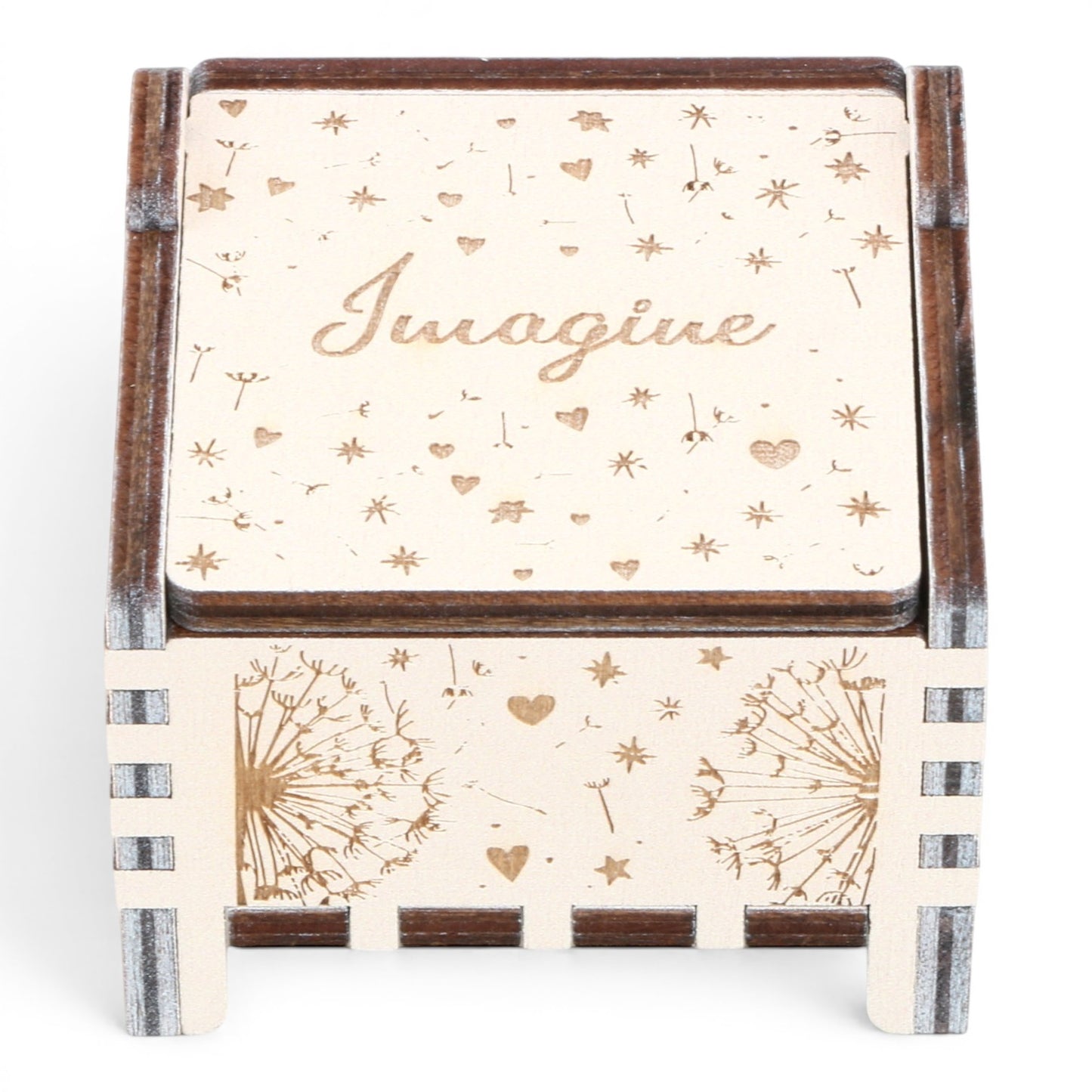 Enchanted Music Boxes plywood wind-up music box featuring laser-engraved dandelion, heart, and star patterns.