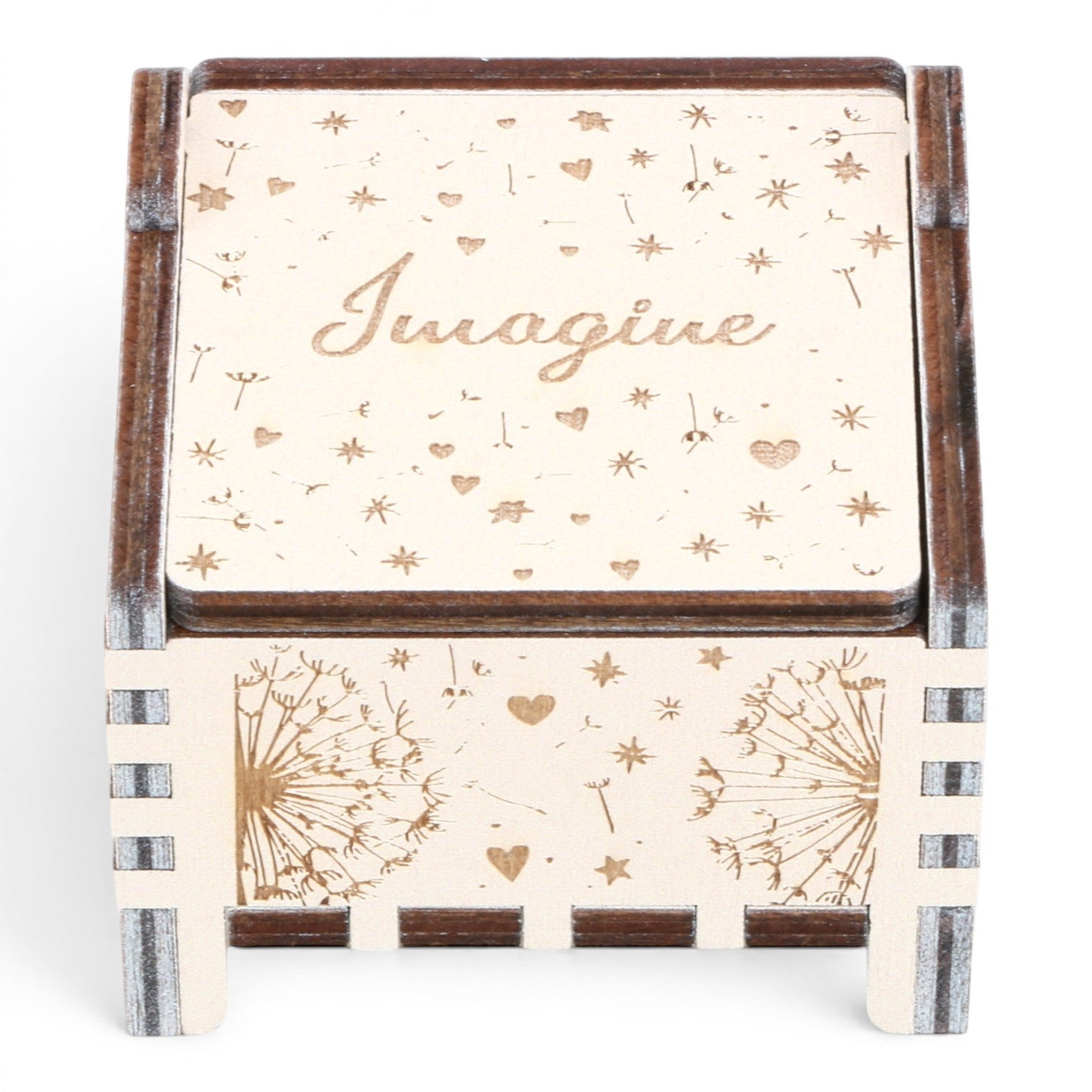 Enchanted Music Boxes plywood wind-up music box featuring laser-engraved dandelion, heart, and star patterns.