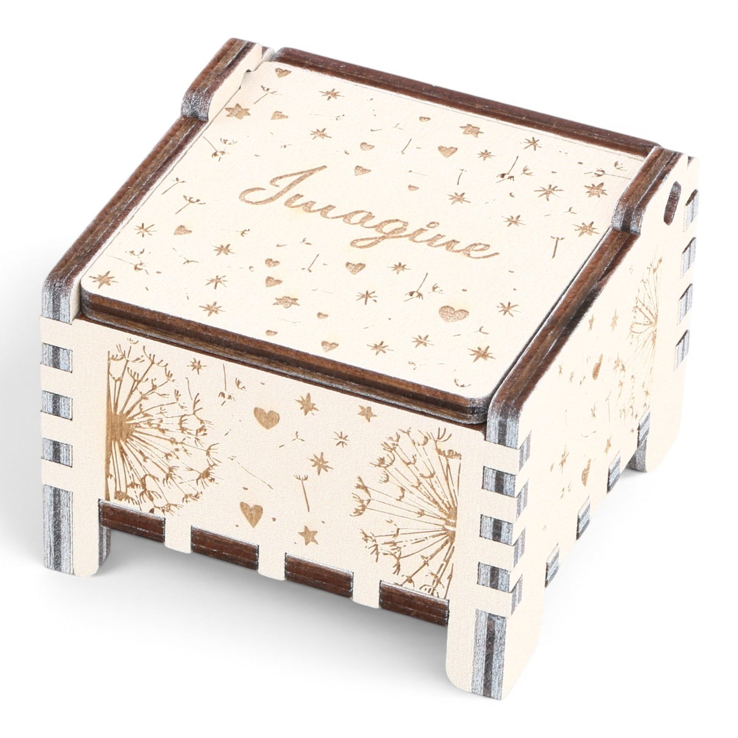 Enchanted Music Boxes plywood wind-up music box featuring engraved dandelion, heart, and star patterns with Imagine text