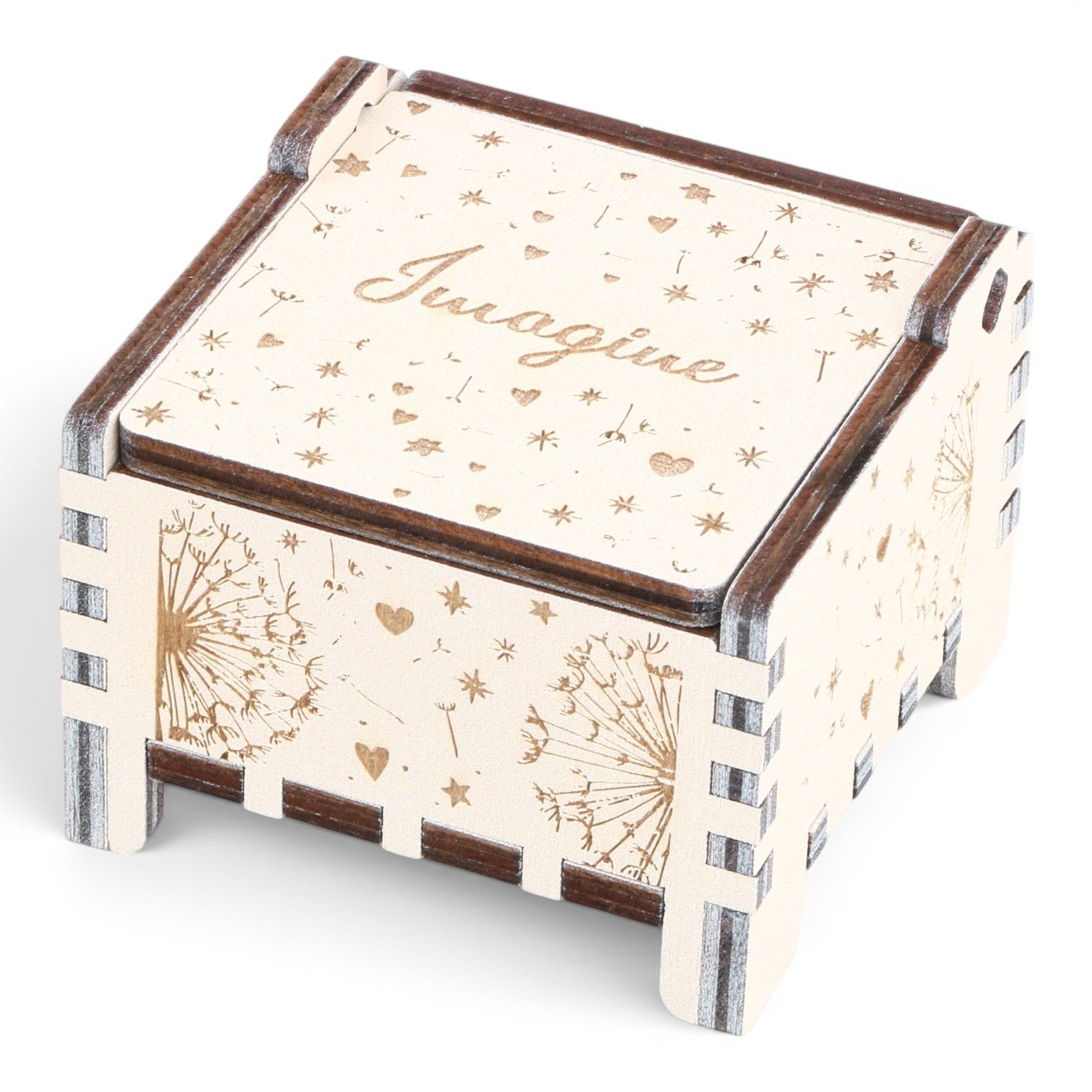 Enchanted Music Boxes plywood wind-up music box featuring engraved dandelion, heart, and star patterns with Imagine text