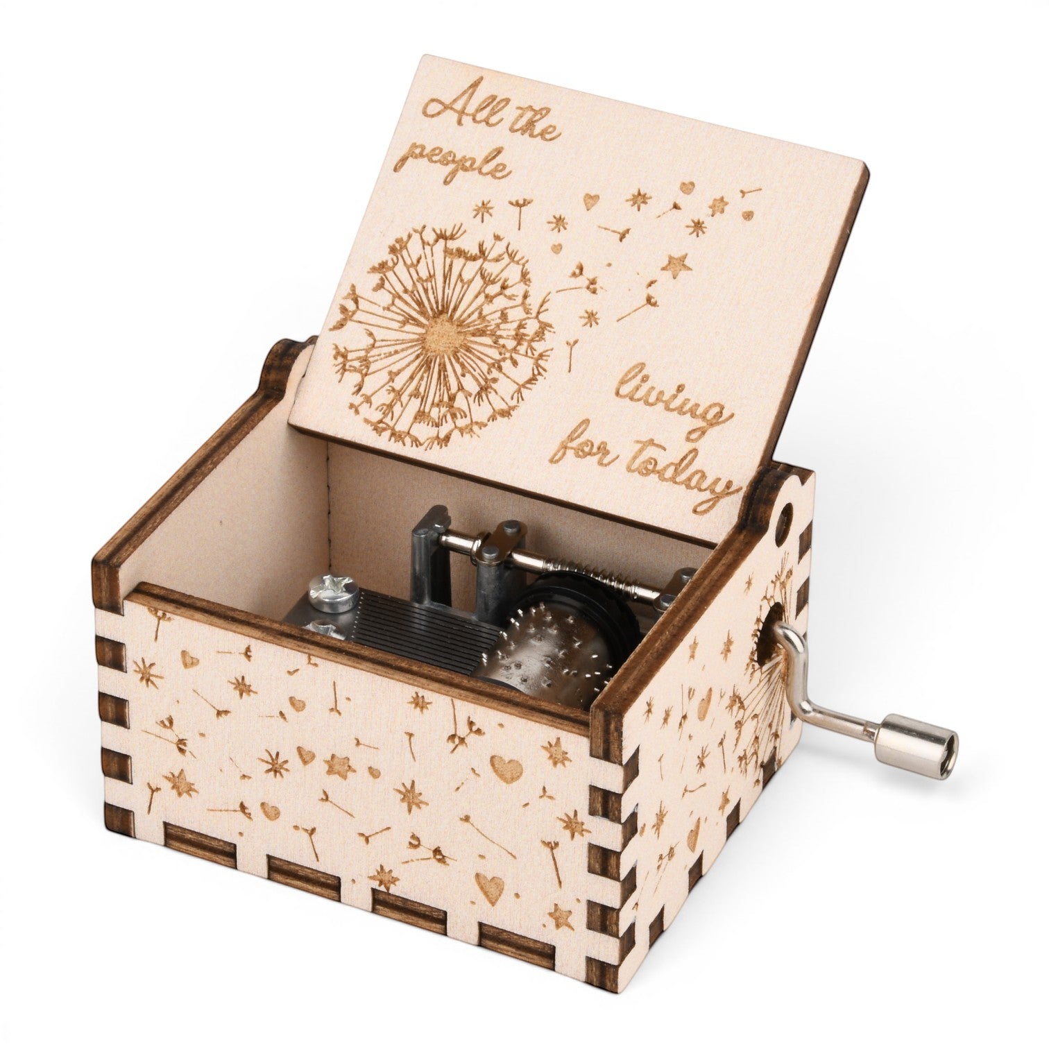 Enchanted Music Boxes plywood hand-crank music box with laser-engraved dandelion, heart, and star designs.