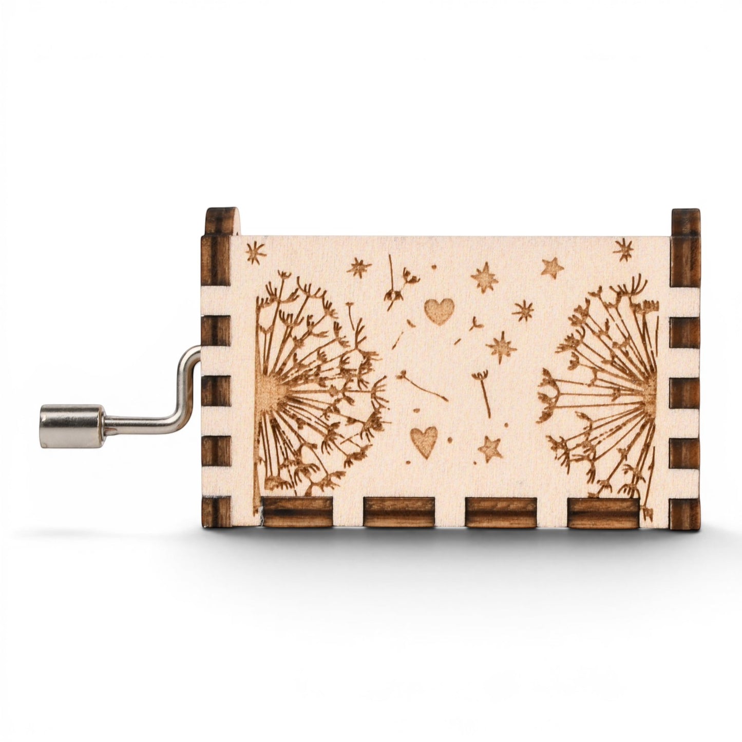 Enchanted Music Boxes plywood hand-crank music box with laser-engraved dandelion, heart, and star patterns.