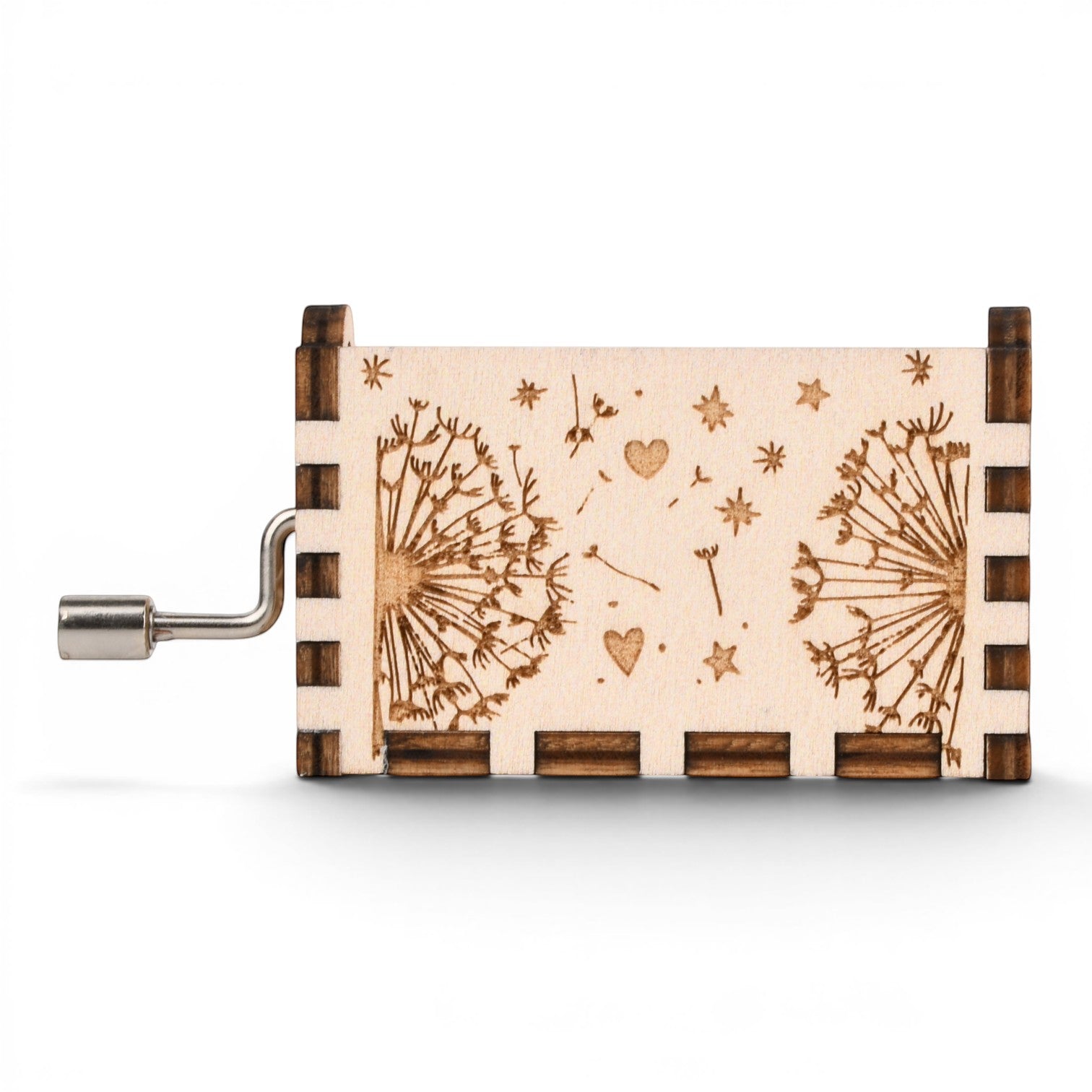 Enchanted Music Boxes plywood hand-crank music box with laser-engraved dandelion, heart, and star patterns.