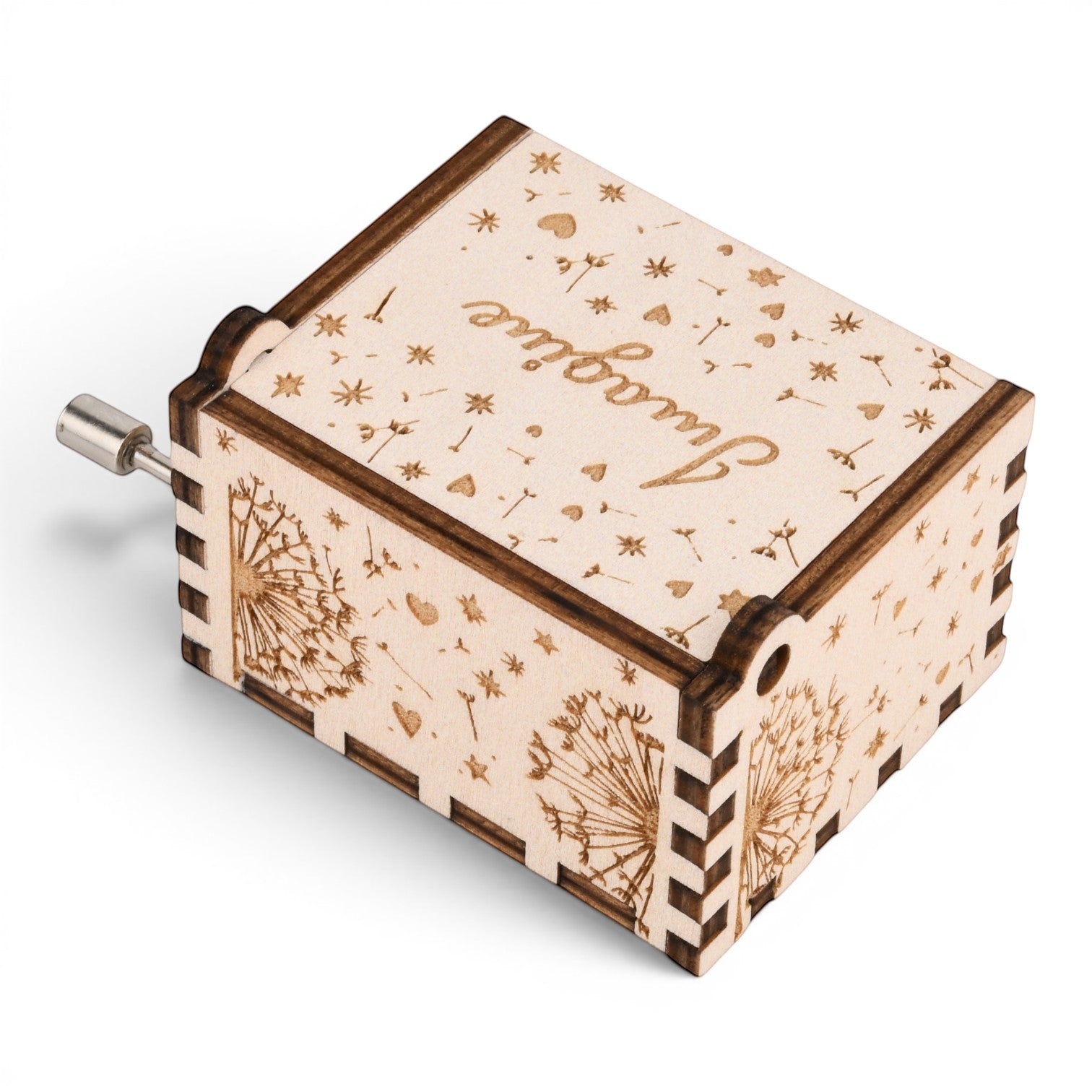 Enchanted Music Boxes plywood hand-crank music box with laser-engraved dandelion, heart, and star patterns.