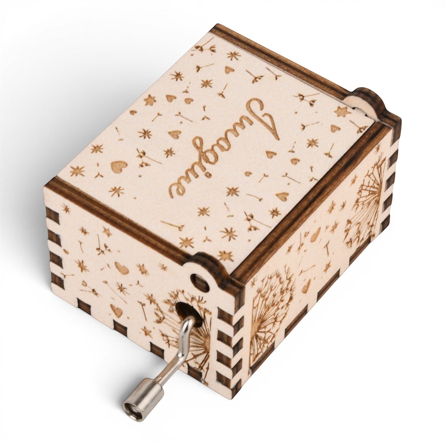 Enchanted Music Boxes Dandelions hand-crank music box in light plywood with laser-engraved dandelion and star patterns.