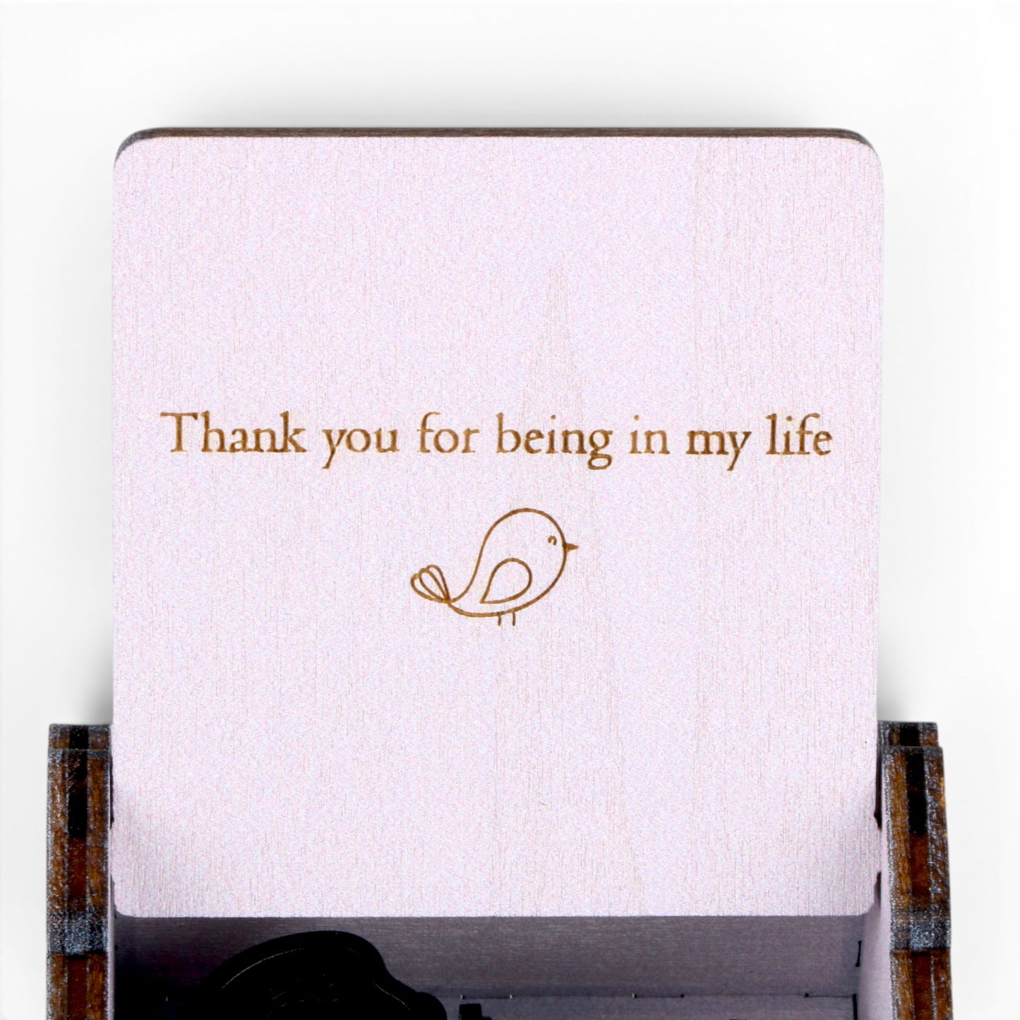 Enchanted Music Boxes plywood music box lid with custom engraved Thank you for being in my life text and bird icon