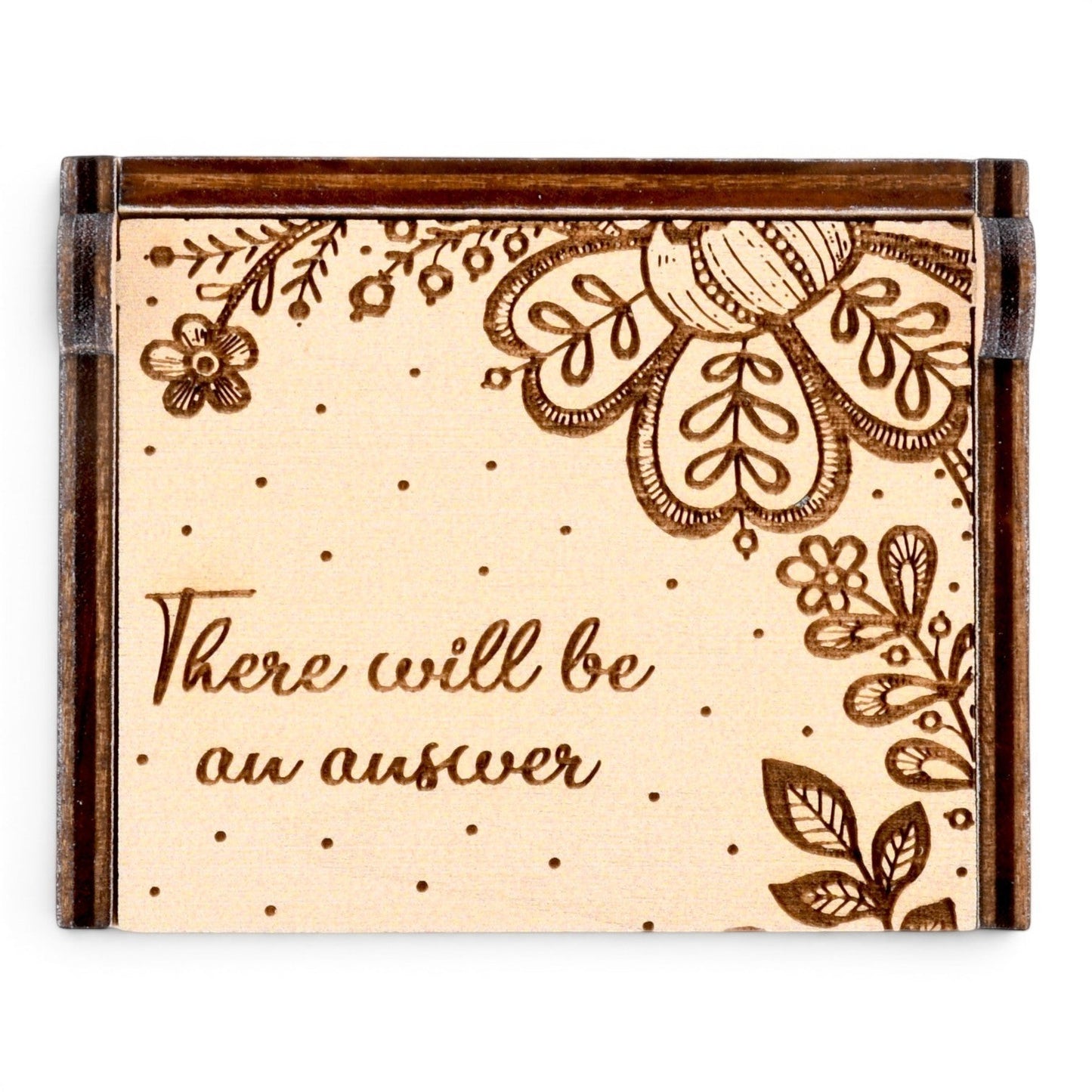 Enchanted Music Boxes plywood hand-crank music box with folk art floral engraving and custom text on the lid