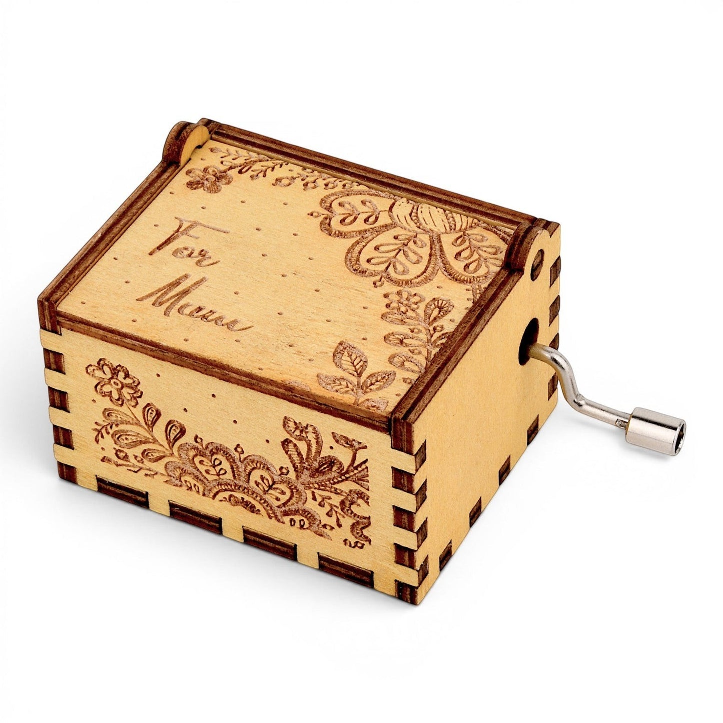 Enchanted Music Boxes hand-crank plywood music box with laser-engraved folk art flowers and For Mum text on lid.