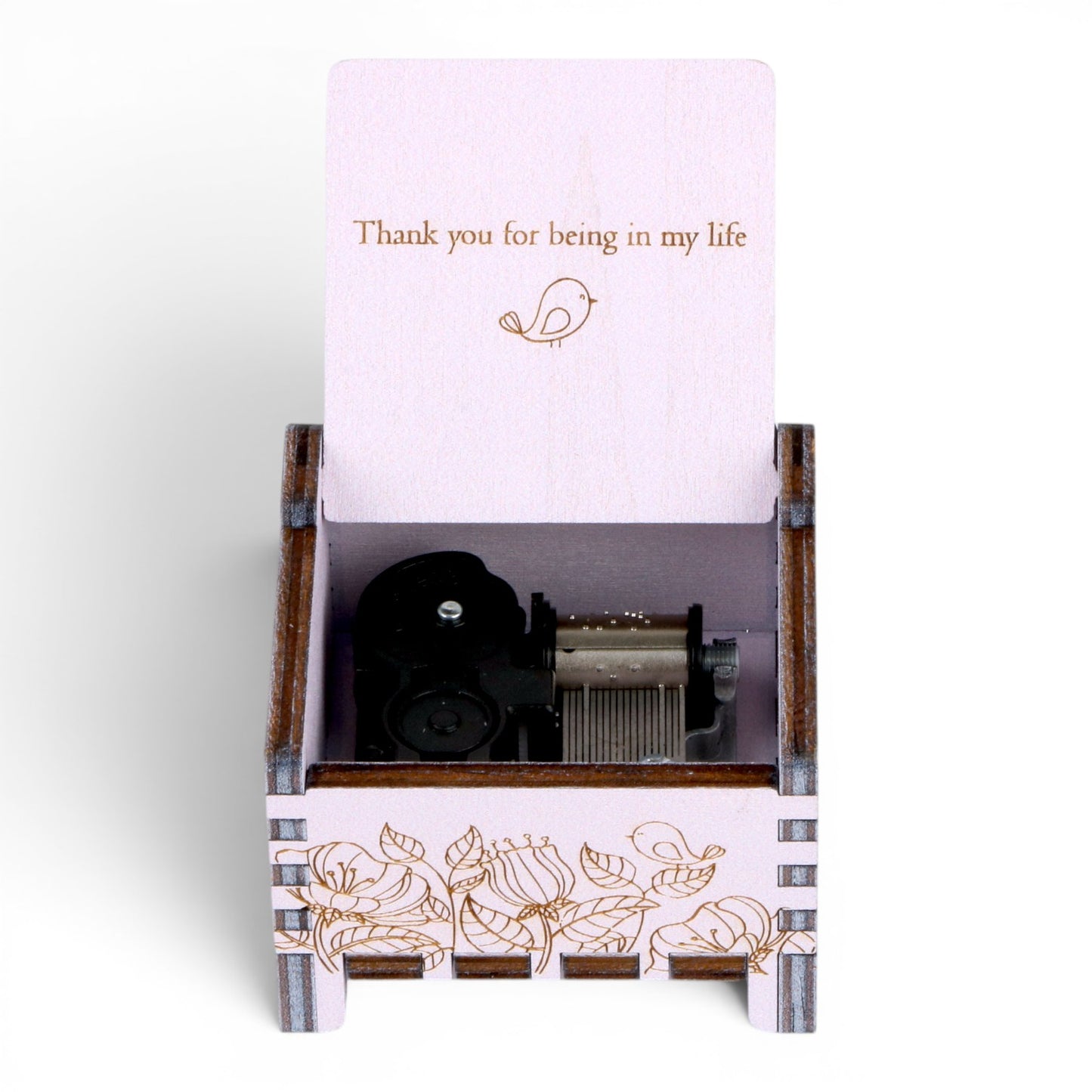 Open Enchanted Music Boxes plywood wind-up music box with floral engraving and custom Thank you message on the open lid.