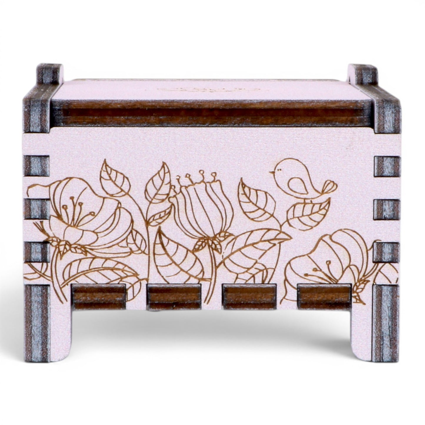 Front view of Enchanted Music Boxes plywood wind-up music box featuring intricate floral and bird line art engravings.