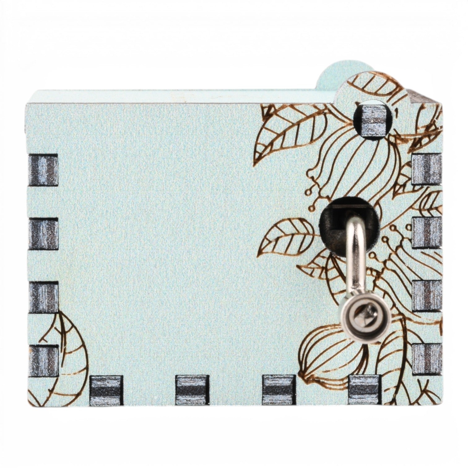 Enchanted Music Boxes hand-crank music box in light blue plywood with a delicate floral and bird line art design.