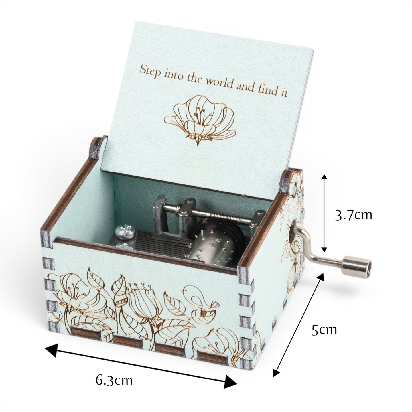 Enchanted Music Boxes hand-crank music box in light blue plywood with floral engravings and internal metal mechanism