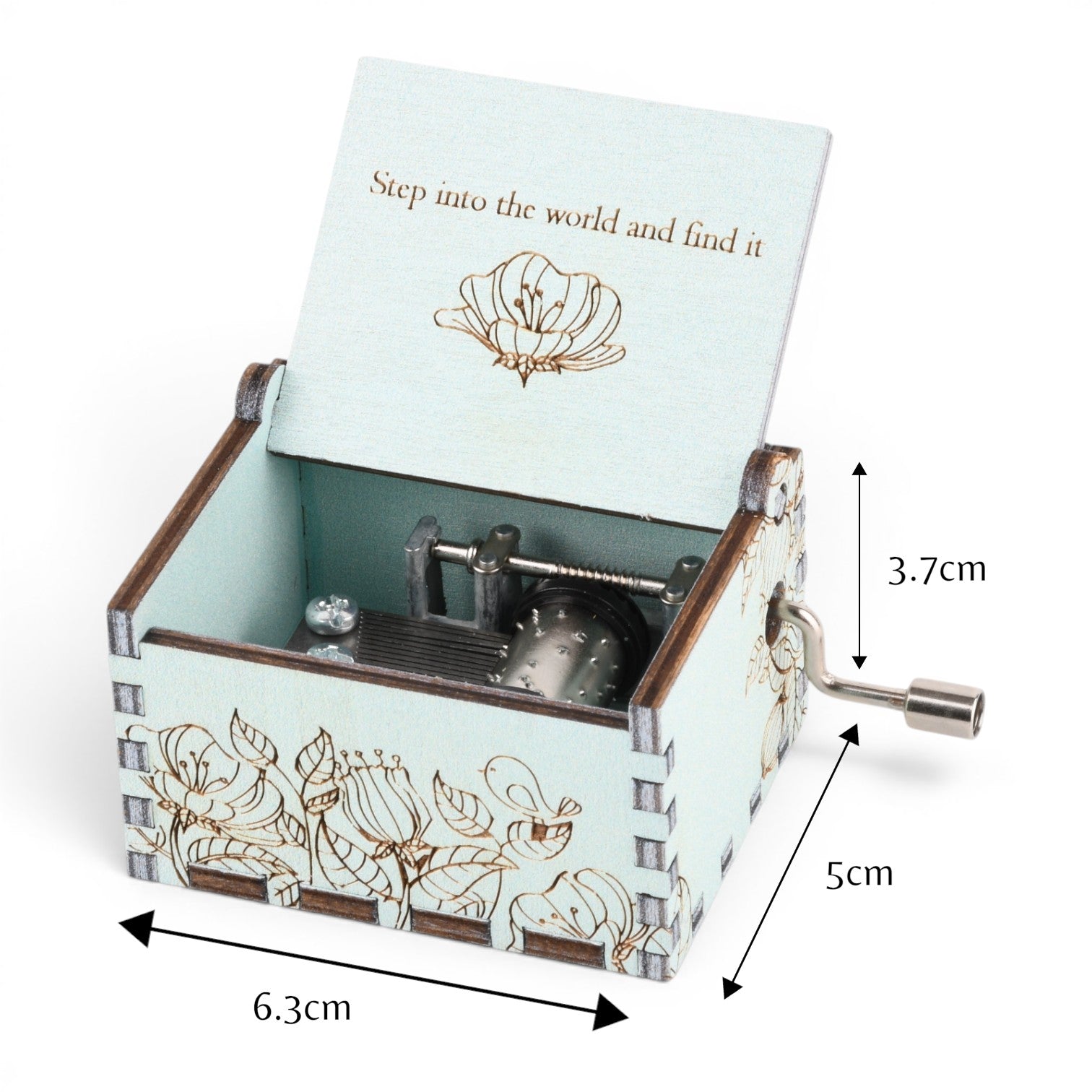 Enchanted Music Boxes hand-crank music box in light blue plywood with floral engravings and internal metal mechanism