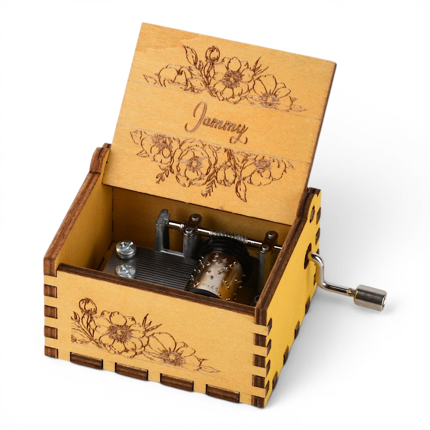 Enchanted Music Boxes plywood hand-crank music box with floral engravings and custom name Jammy on the open lid