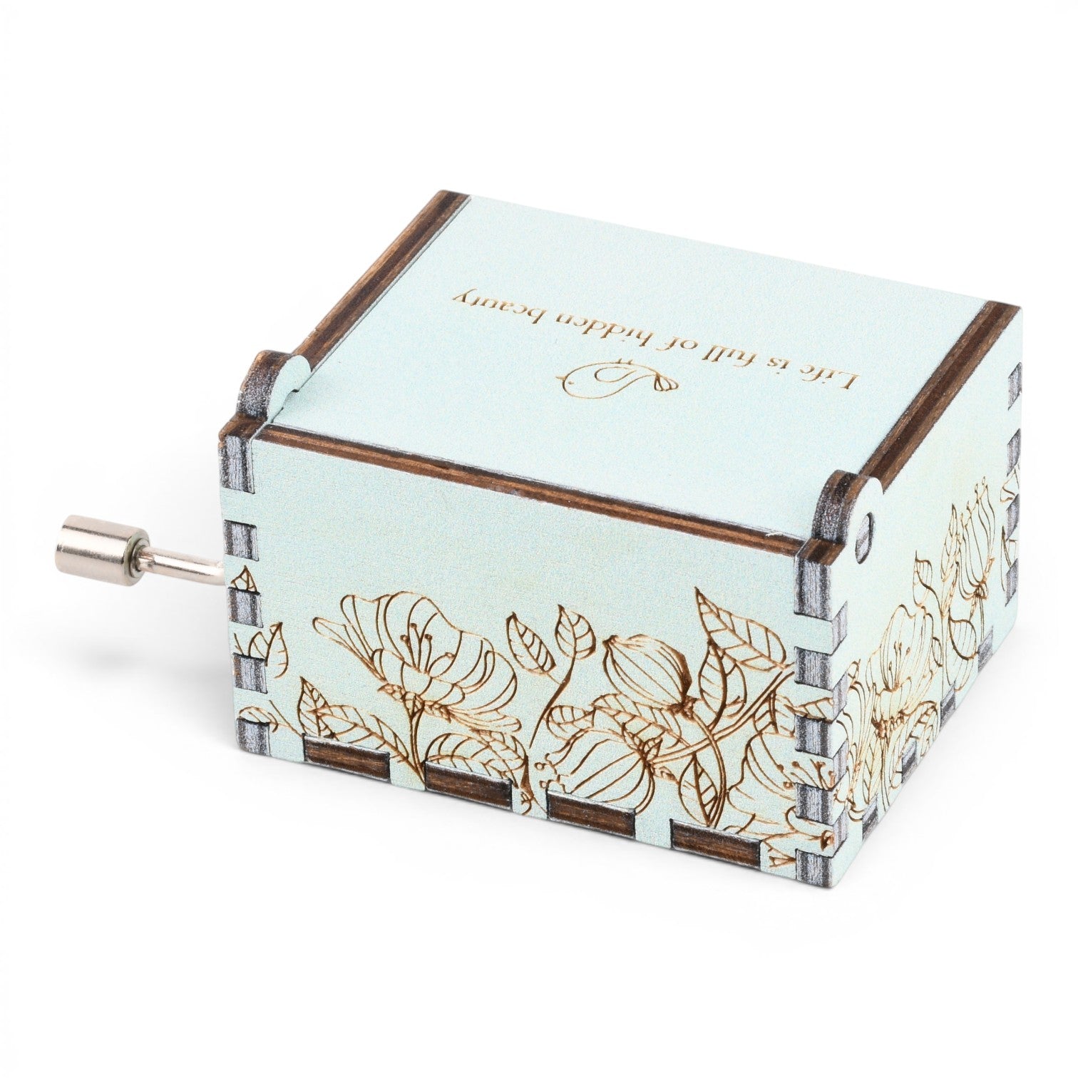 Enchanted Music Boxes light blue plywood music box with floral laser-engraved details and a metal hand-crank.
