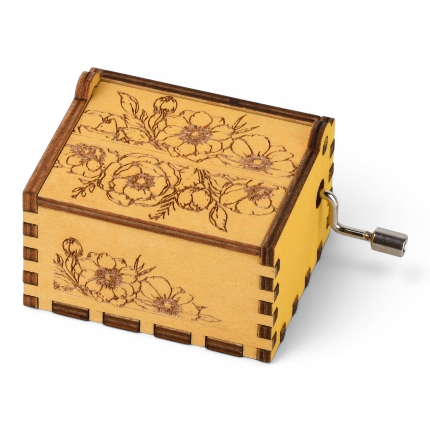 Enchanted Music Boxes Delicate Bouquet hand-crank music box made of light plywood with vintage floral engravings.