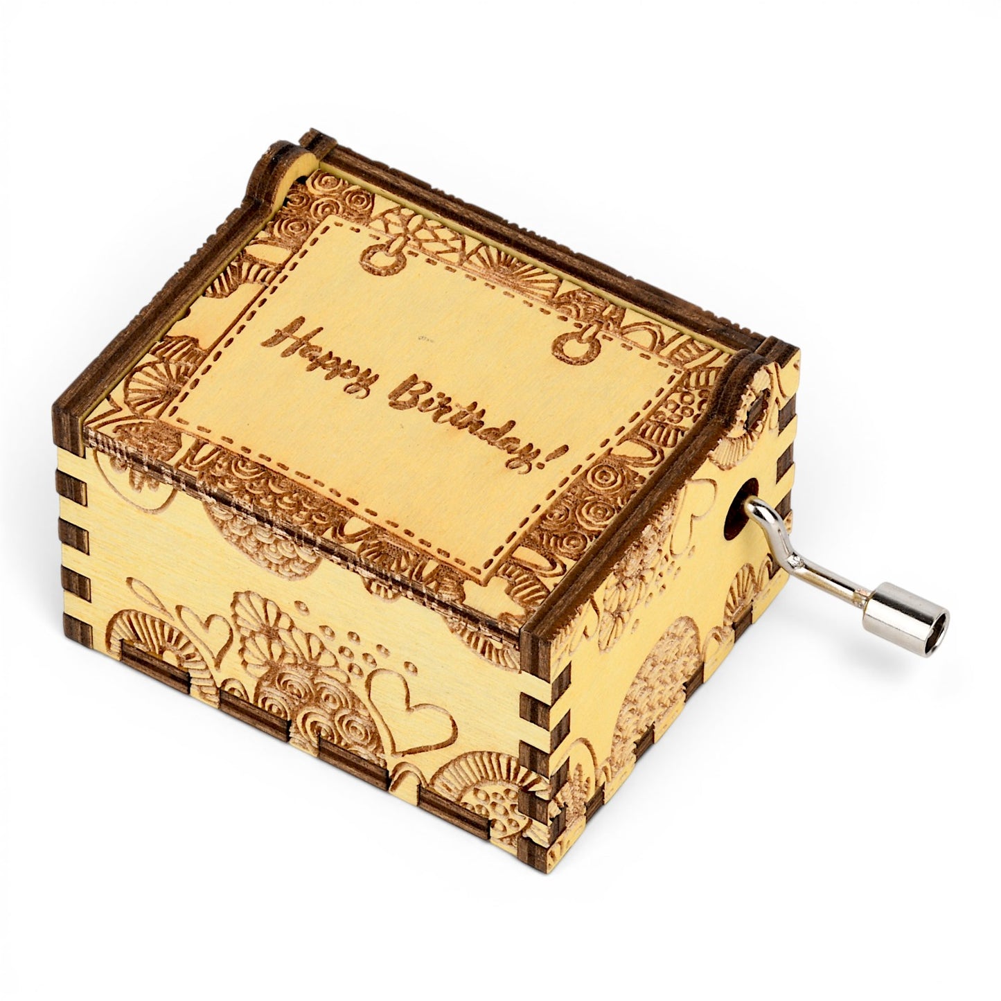 Enchanted Music Boxes plywood hand-crank music box with Happy Birthday engraving and intricate zentangle swirl patterns.