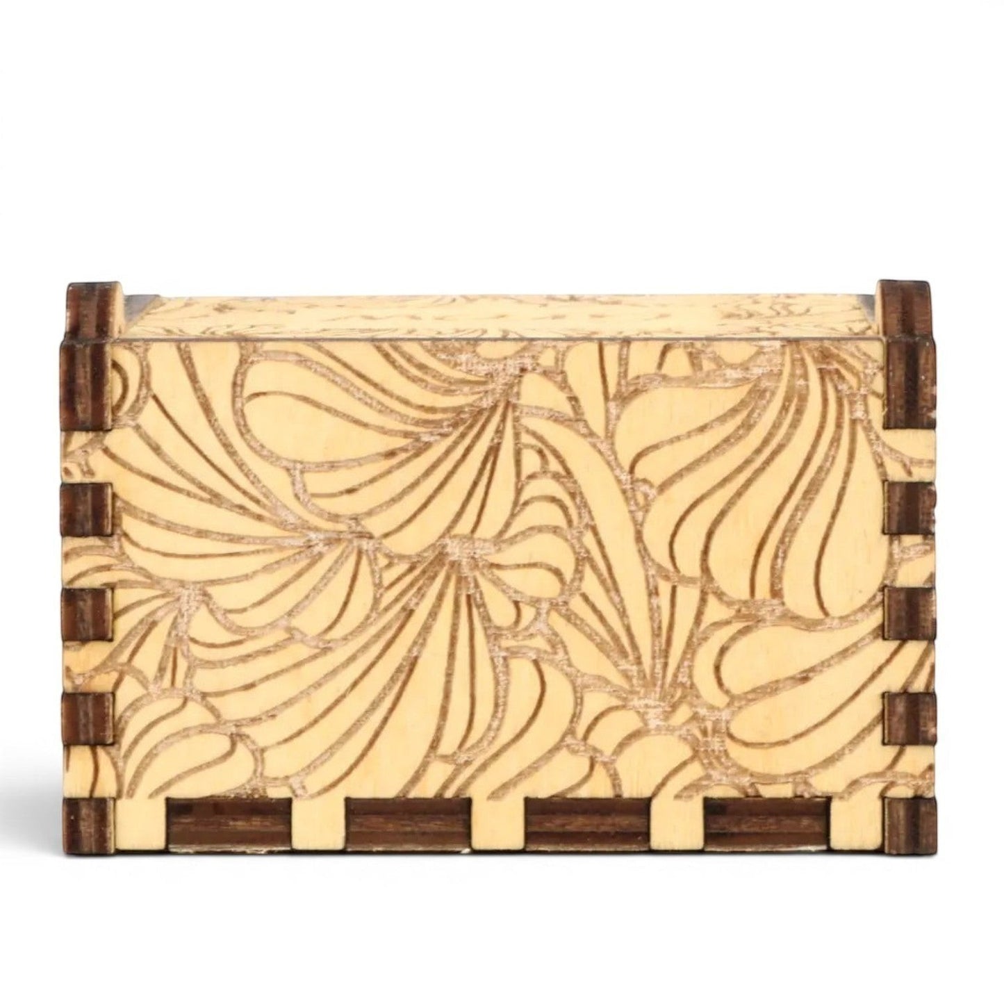 Enchanted Music Boxes plywood music box with laser-engraved flowing flower petal patterns on the side panel.