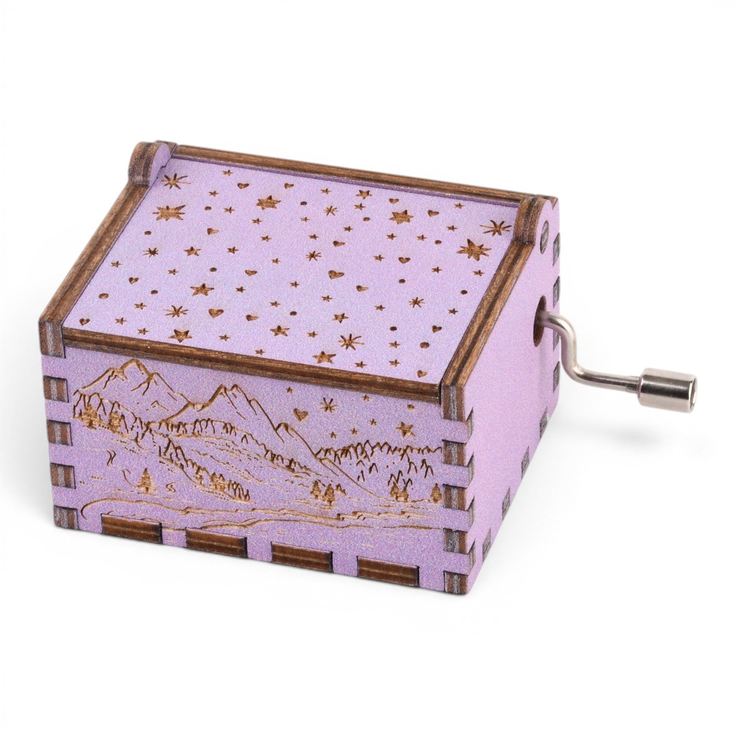 Enchanted Music Boxes Starry Night hand-crank music box in lavender plywood with laser-engraved mountain landscape.