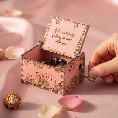 Enchanted Music Boxes pink plywood hand-crank music box with zentangle heart engravings and custom lid inscription