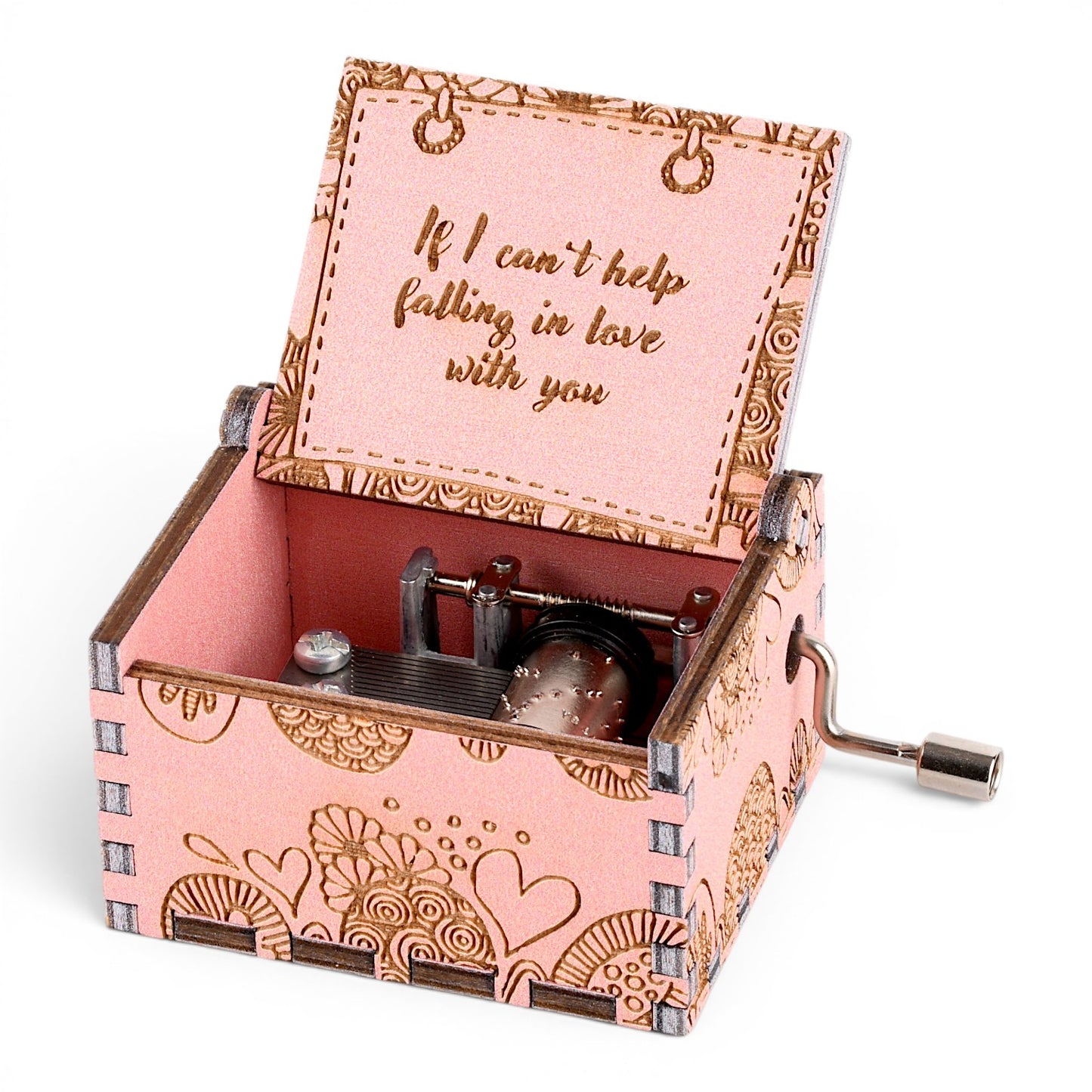 Enchanted Music Boxes pink plywood hand-crank music box with engraved zentangle patterns and romantic lid inscription.