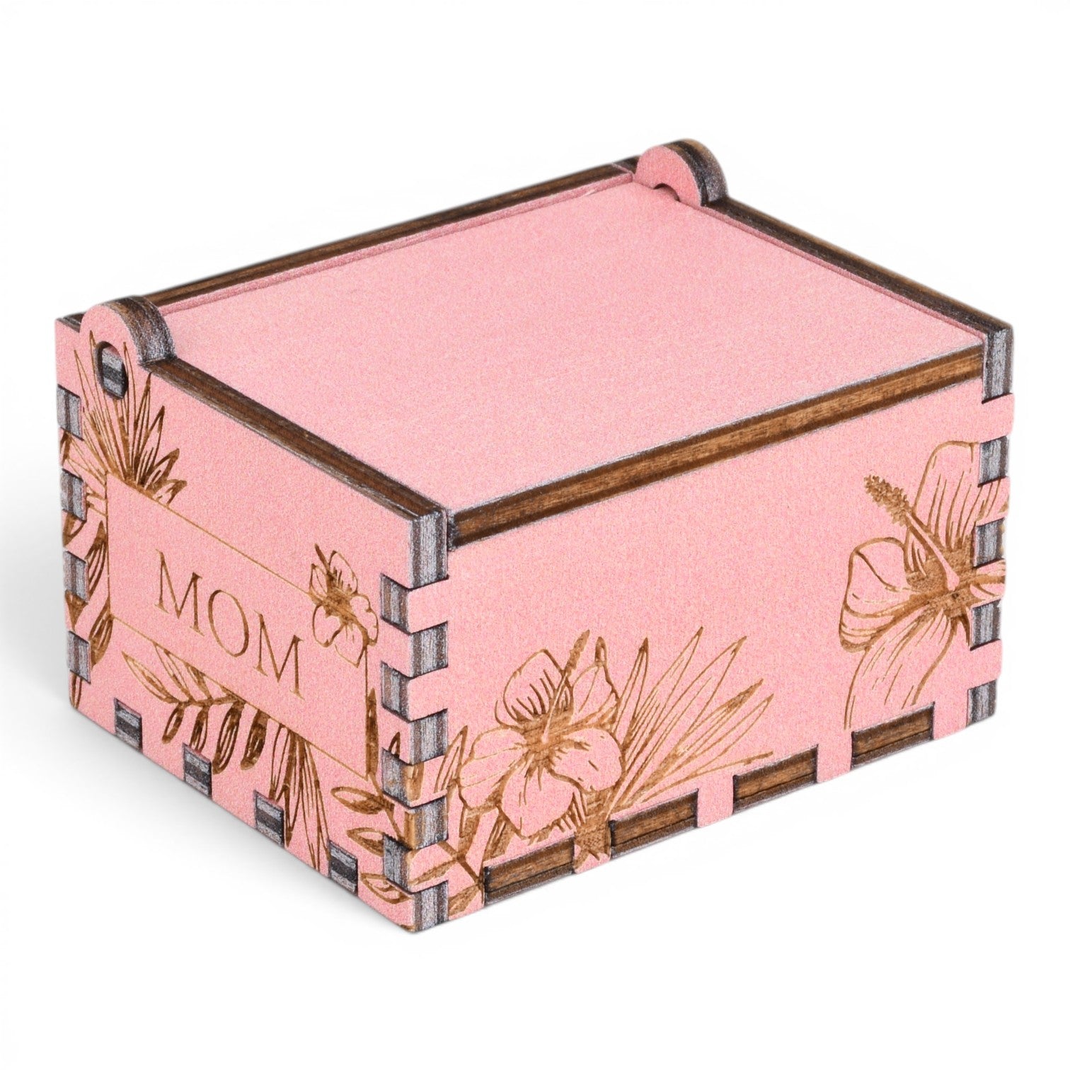 Enchanted Music Boxes pink plywood music box with laser-engraved hibiscus flowers and the word MOM on the side.