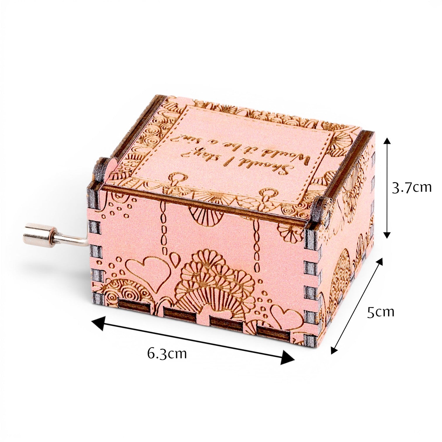 Enchanted Music Boxes pink plywood hand-crank music box with engraved zentangle swirls, hearts, and fans.