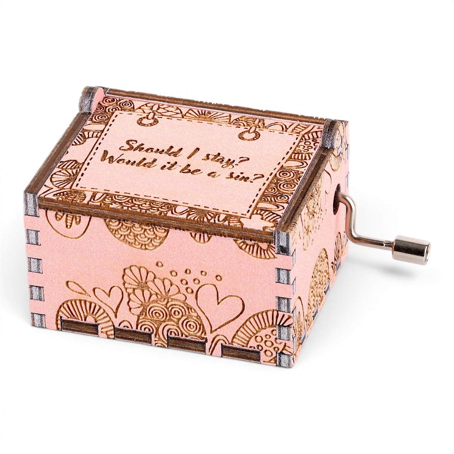 Enchanted Music Boxes pink plywood hand-crank music box with engraved zentangle patterns and custom lid text