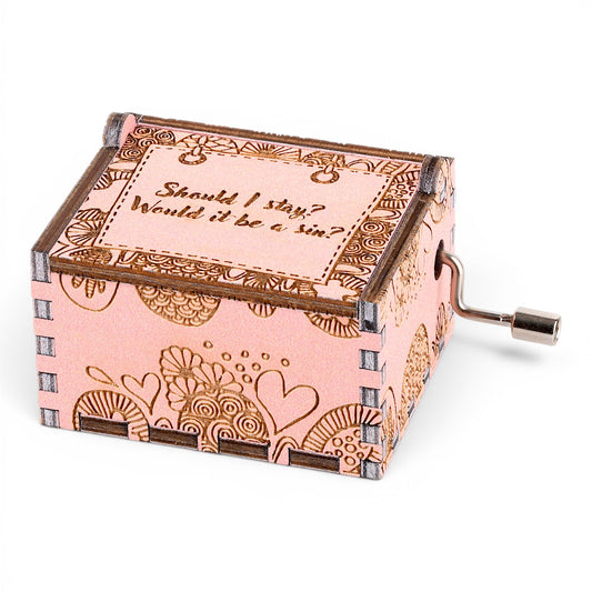 Enchanted Music Boxes pink plywood hand-crank music box with engraved zentangle patterns and custom lid text