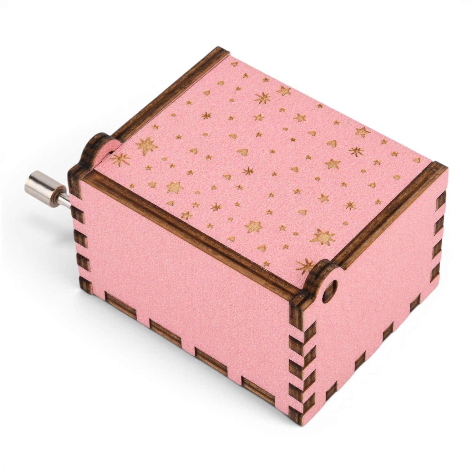 Enchanted Music Boxes pink plywood hand-crank music box with gold star pattern and dark finger joint edges