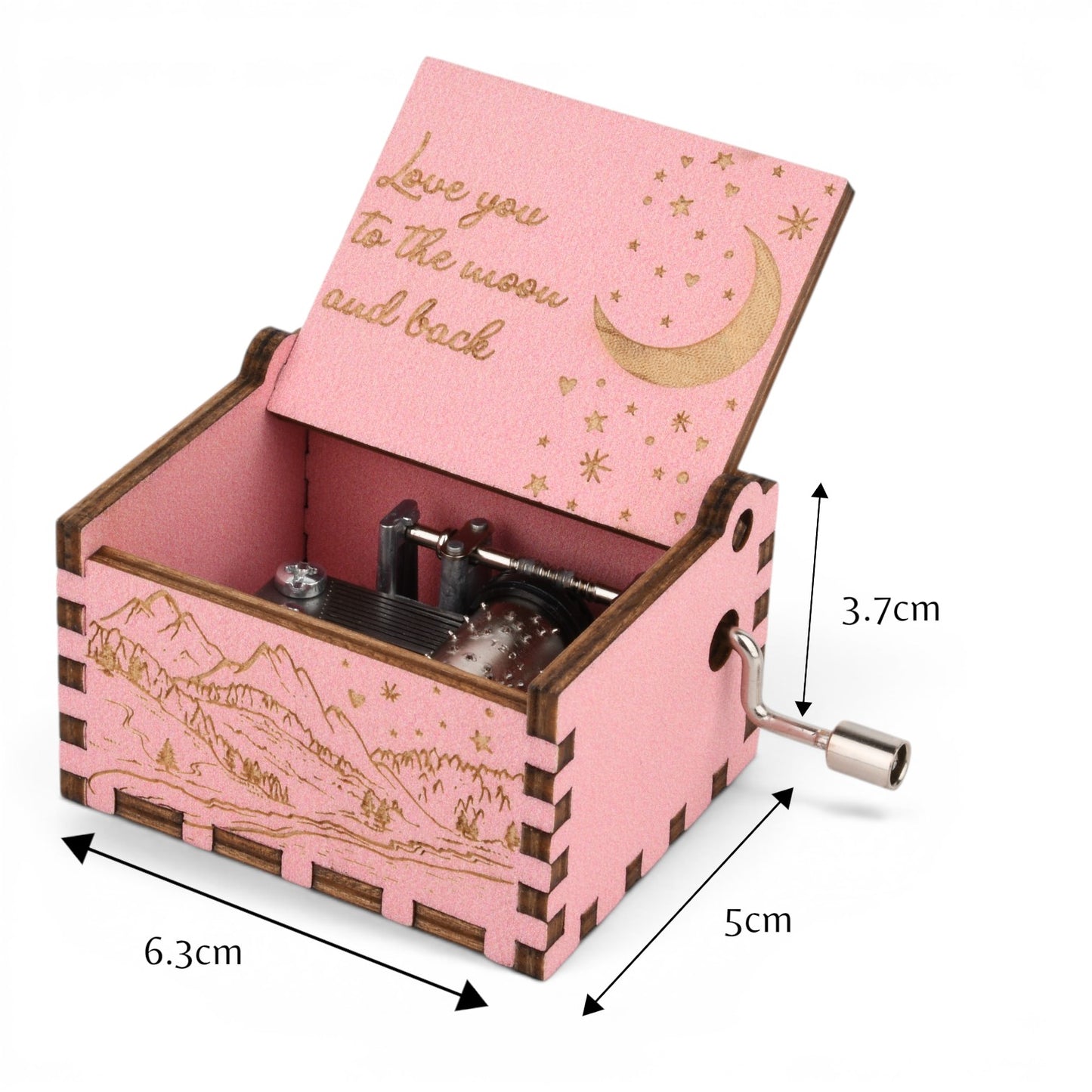 Enchanted Music Boxes pink plywood hand-crank music box with moon and stars engraving and mountain side detail