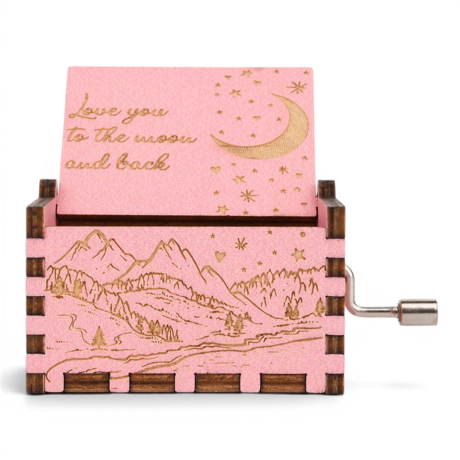 Enchanted Music Boxes pink plywood hand-crank music box with engraved mountain scene and Love You to the Moon and Back text