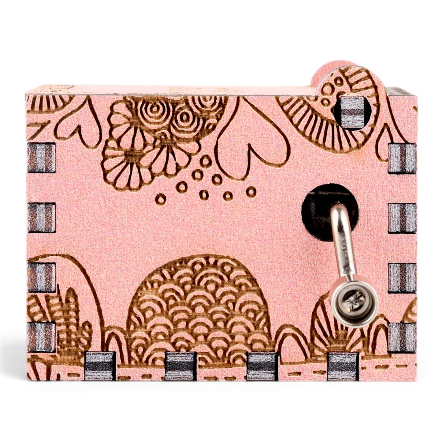 Enchanted Music Boxes pink plywood hand-crank music box with laser-engraved zentangle hearts and swirls