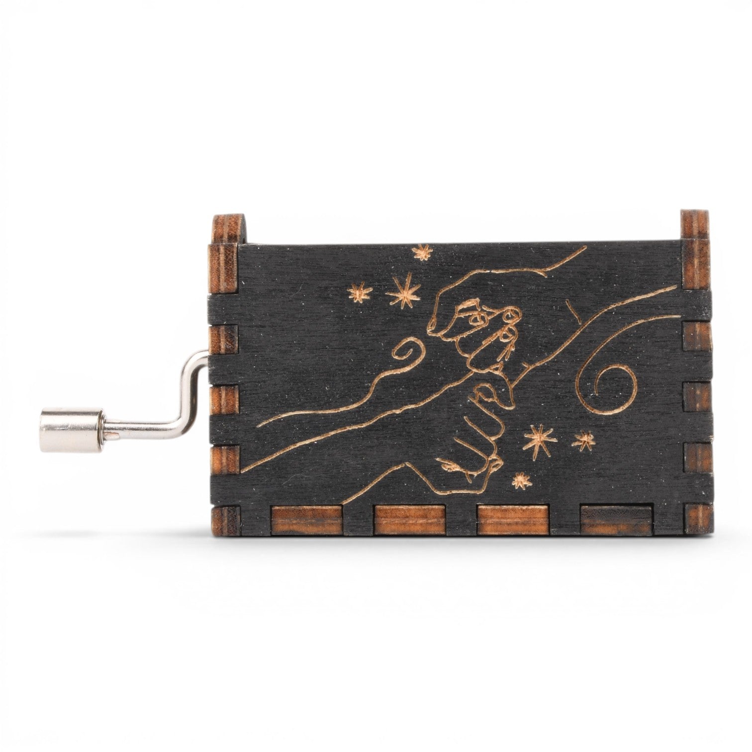 Enchanted Music Boxes hand-crank music box in black plywood with a laser-engraved pinky promise design on the side.