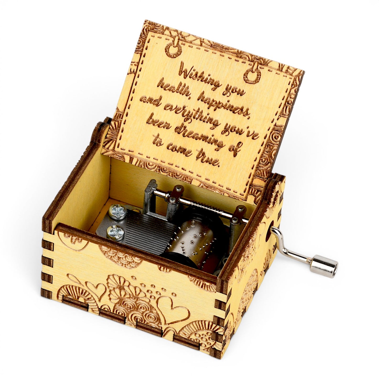 Enchanted Music Boxes plywood hand-crank music box with zentangle heart engravings and a personalized lid message
