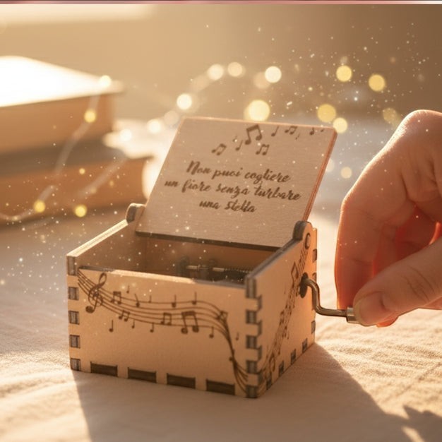 Enchanted Music Boxes hand-crank plywood music box with musical note engravings and custom lid inscription.