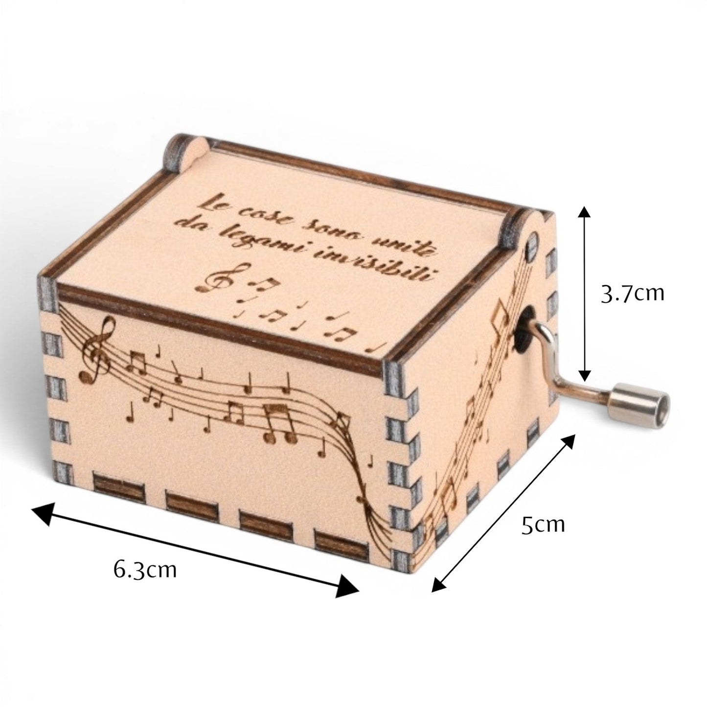 Enchanted Music Boxes plywood hand-crank music box with engraved musical staves, notes, and cursive Italian text.